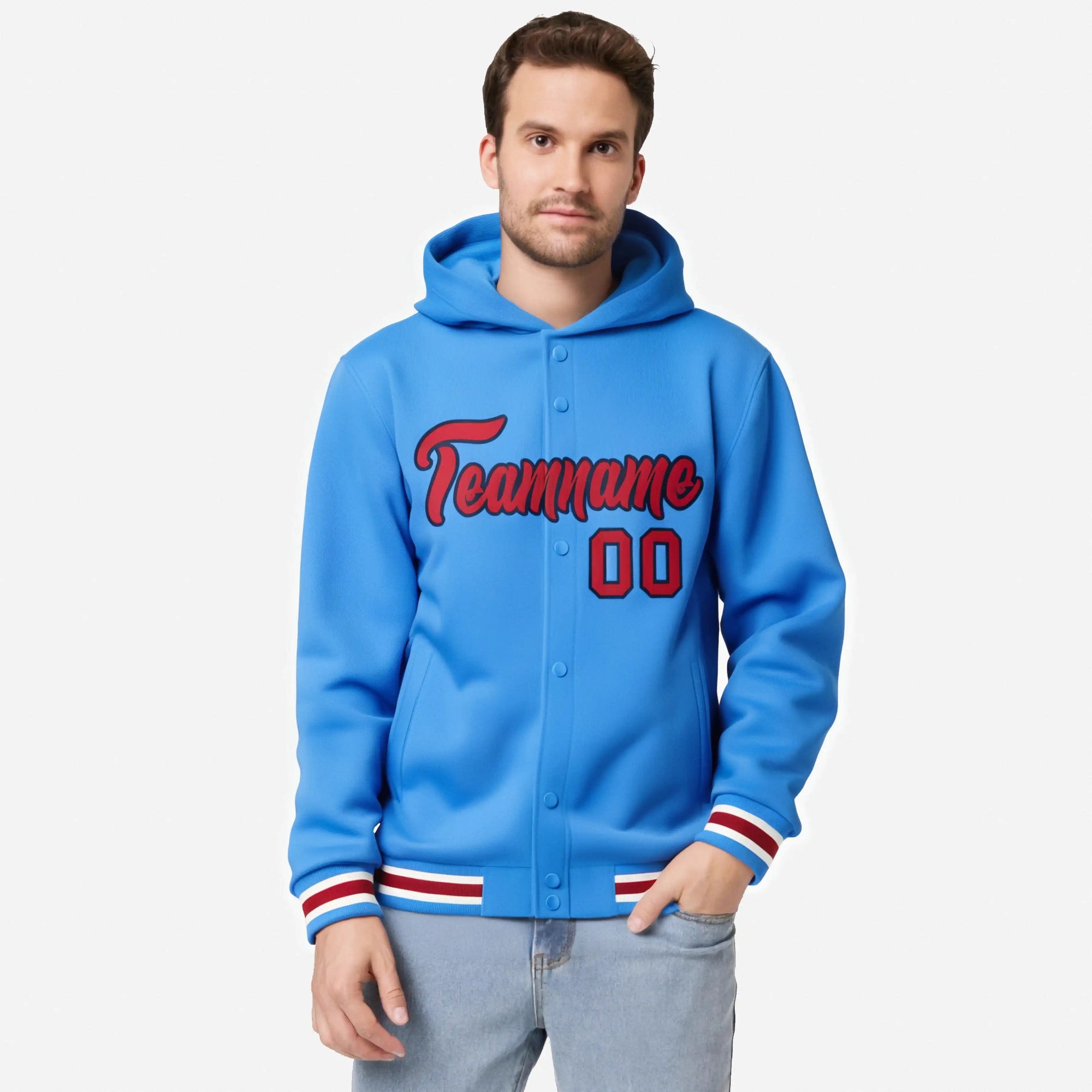 Custom Powder Blue Red-Navy Varsity Full-Snap Letterman Classic Hoodie Jacket