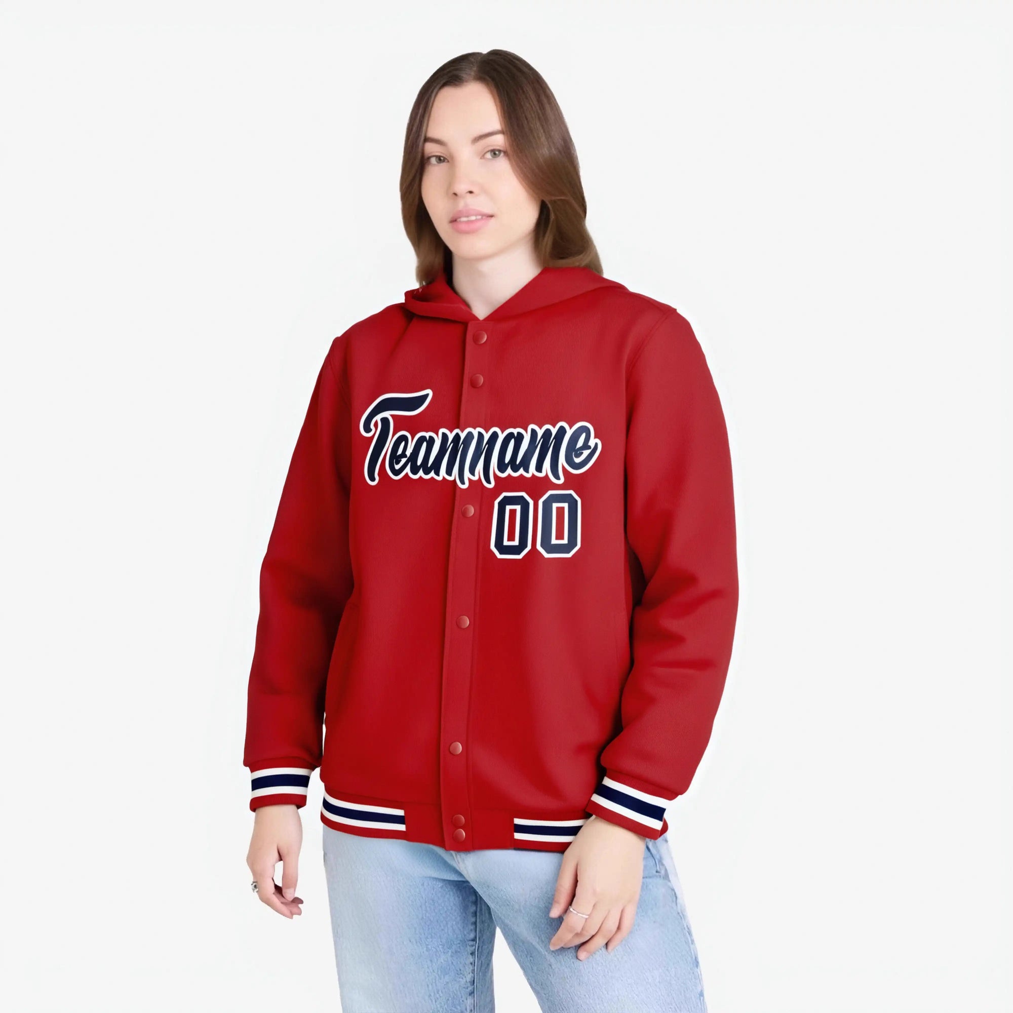 Custom Red Nacy-White Varsity Full-Snap Letterman Classic Hoodie Jacket