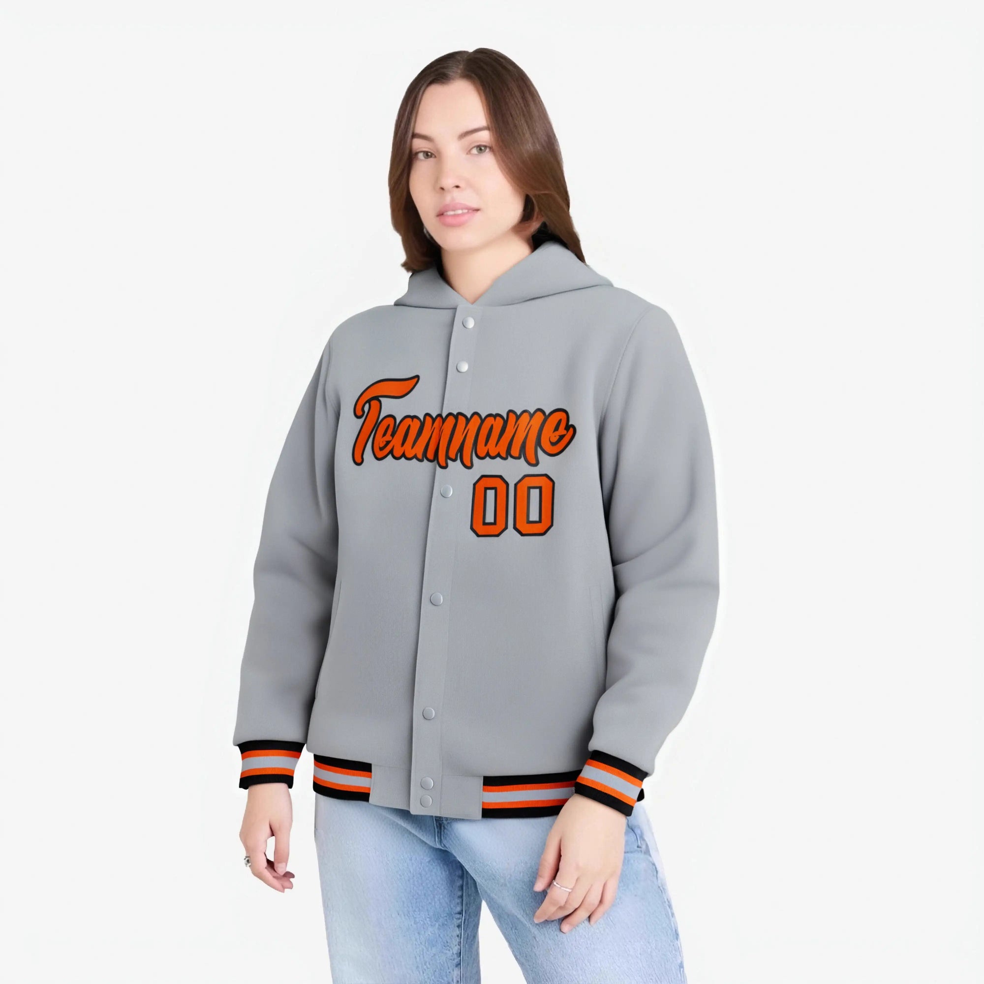 Custom Gray Orange-Black Varsity Full-Snap Letterman Classic Hoodie Jacket