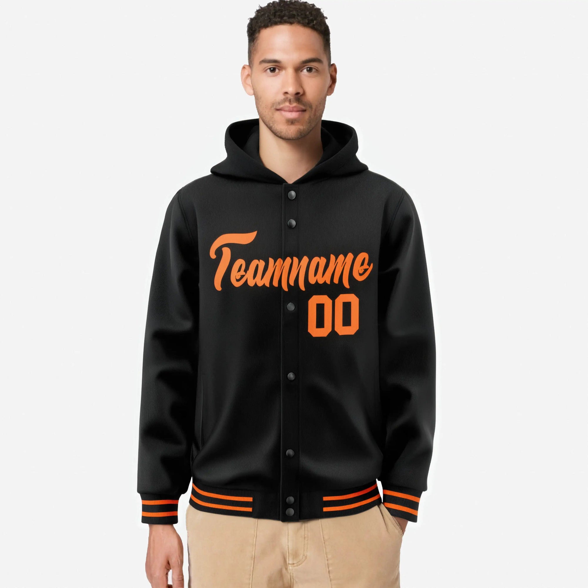 Custom Black Orange-Black Varsity Full-Snap Letterman Classic Hoodie Jacket