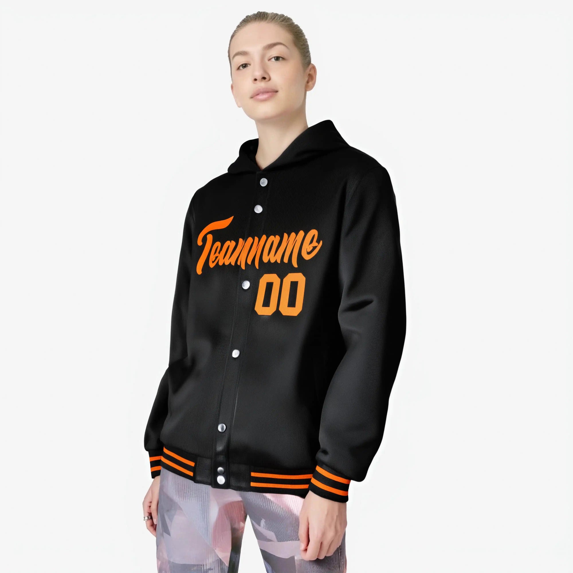 Custom Black Orange-Black Varsity Full-Snap Letterman Classic Hoodie Jacket