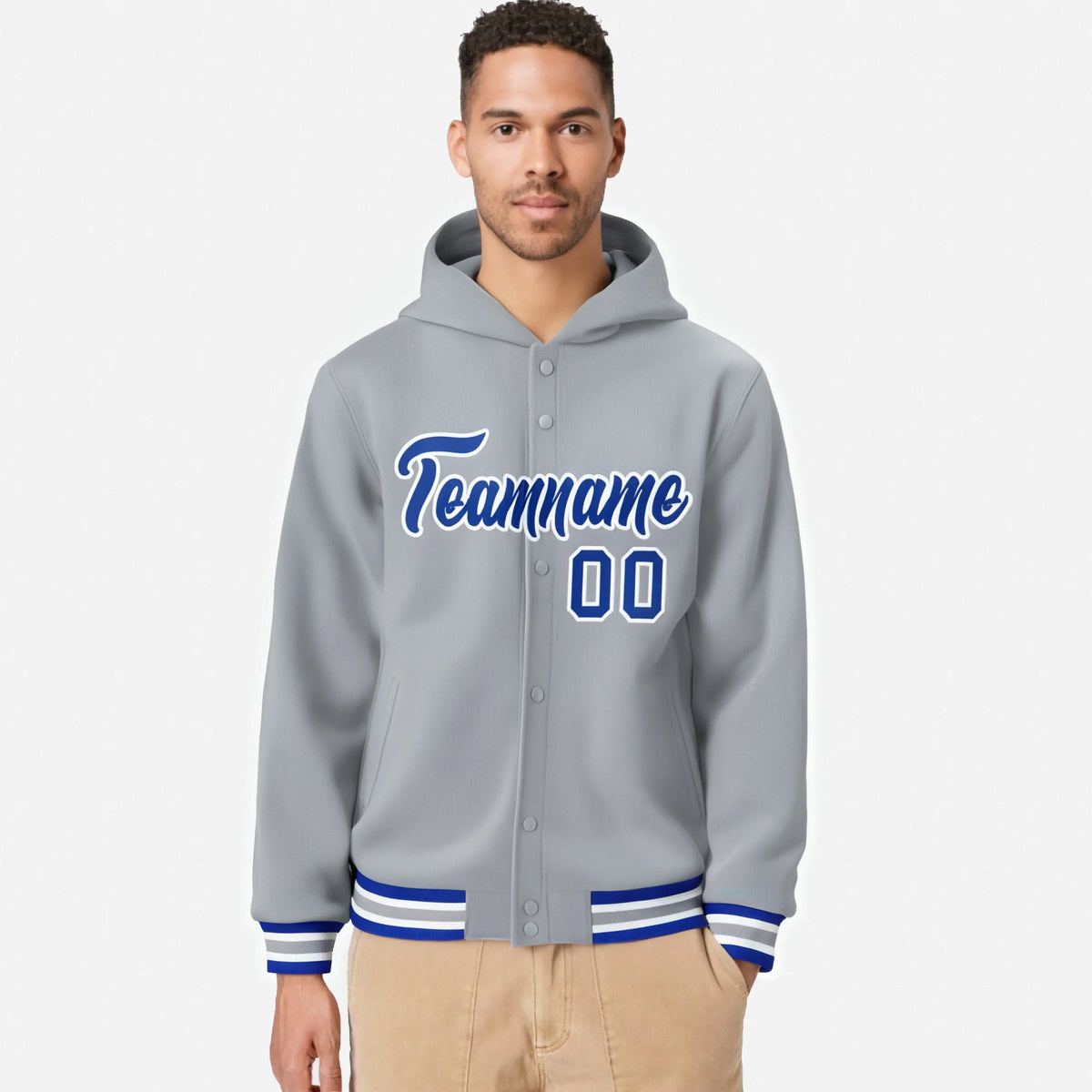 Custom Gray Royal Blue-White Varsity Full-Snap Letterman Classic Hoodie Jacket