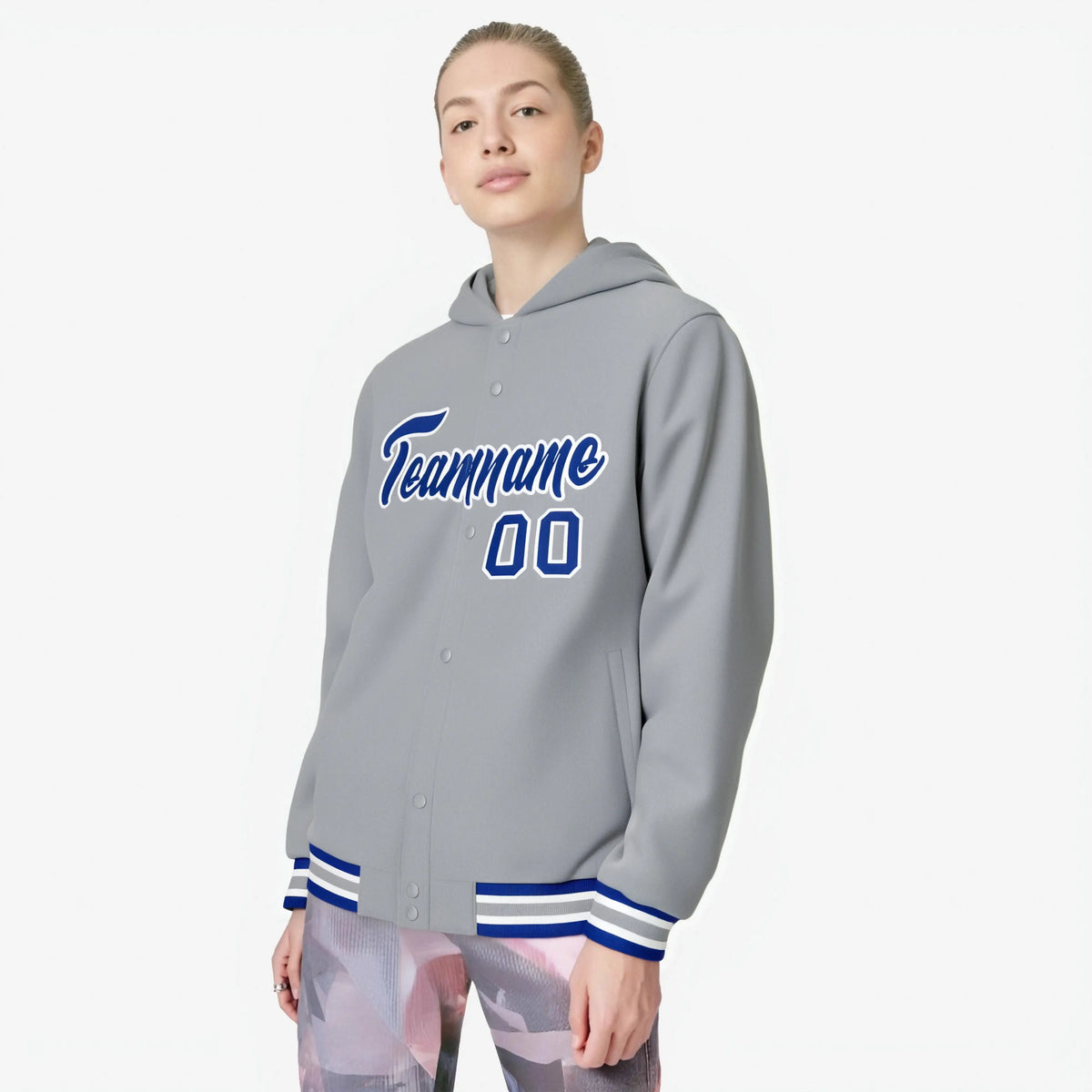 Custom Gray Royal Blue-White Varsity Full-Snap Letterman Classic Hoodie Jacket