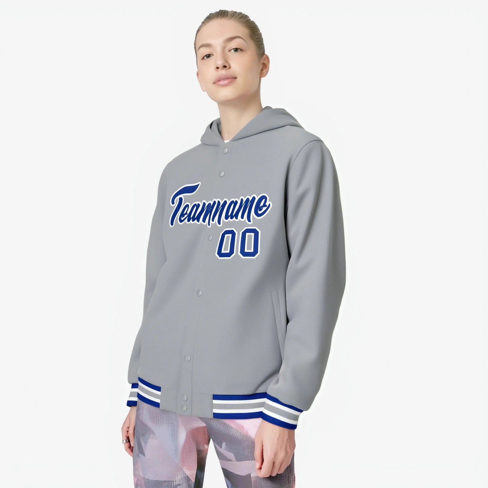 Custom Gray Royal Blue-White Varsity Full-Snap Letterman Classic Hoodie Jacket