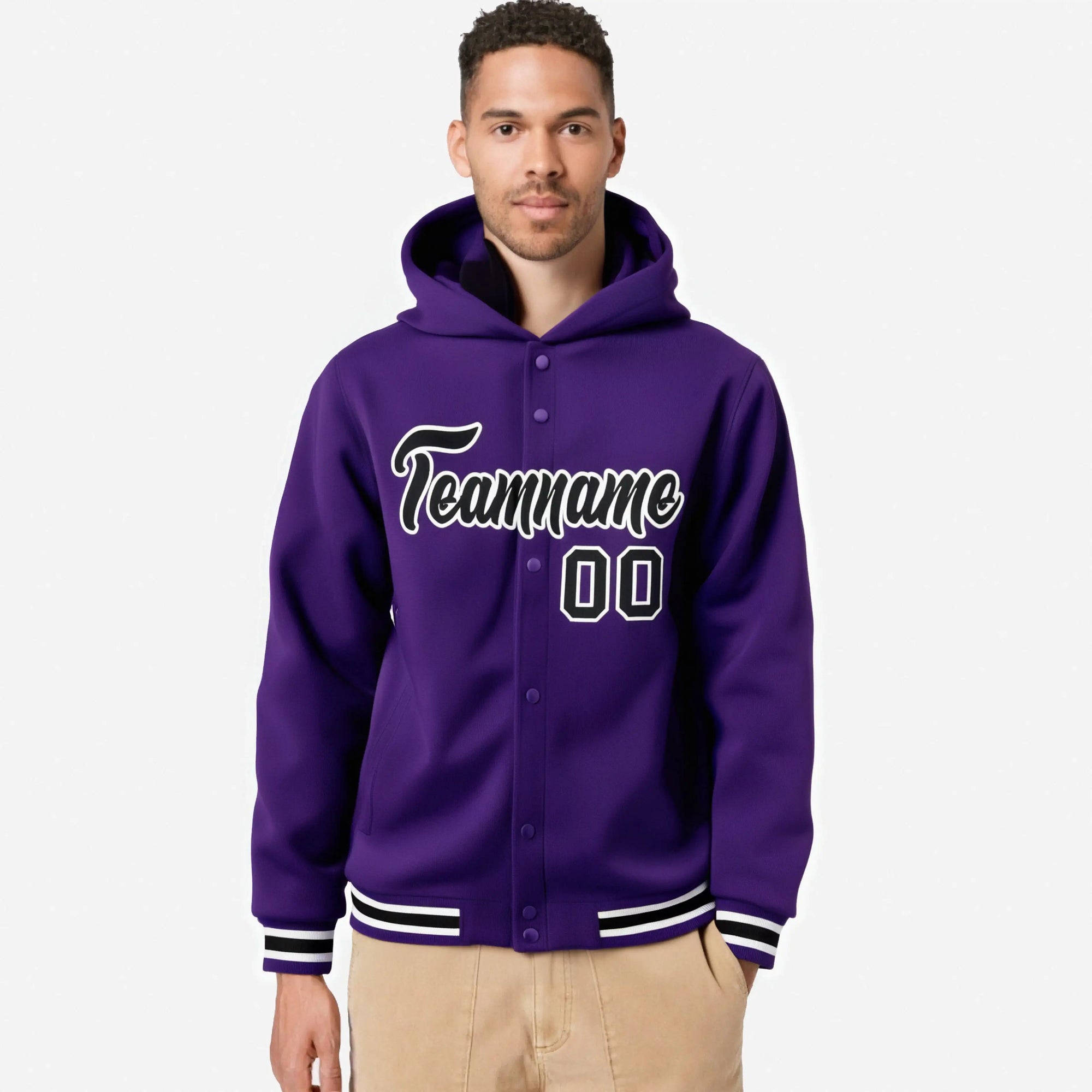 Custom Purple Black-White Varsity Full-Snap Letterman Classic Hoodie Jacket