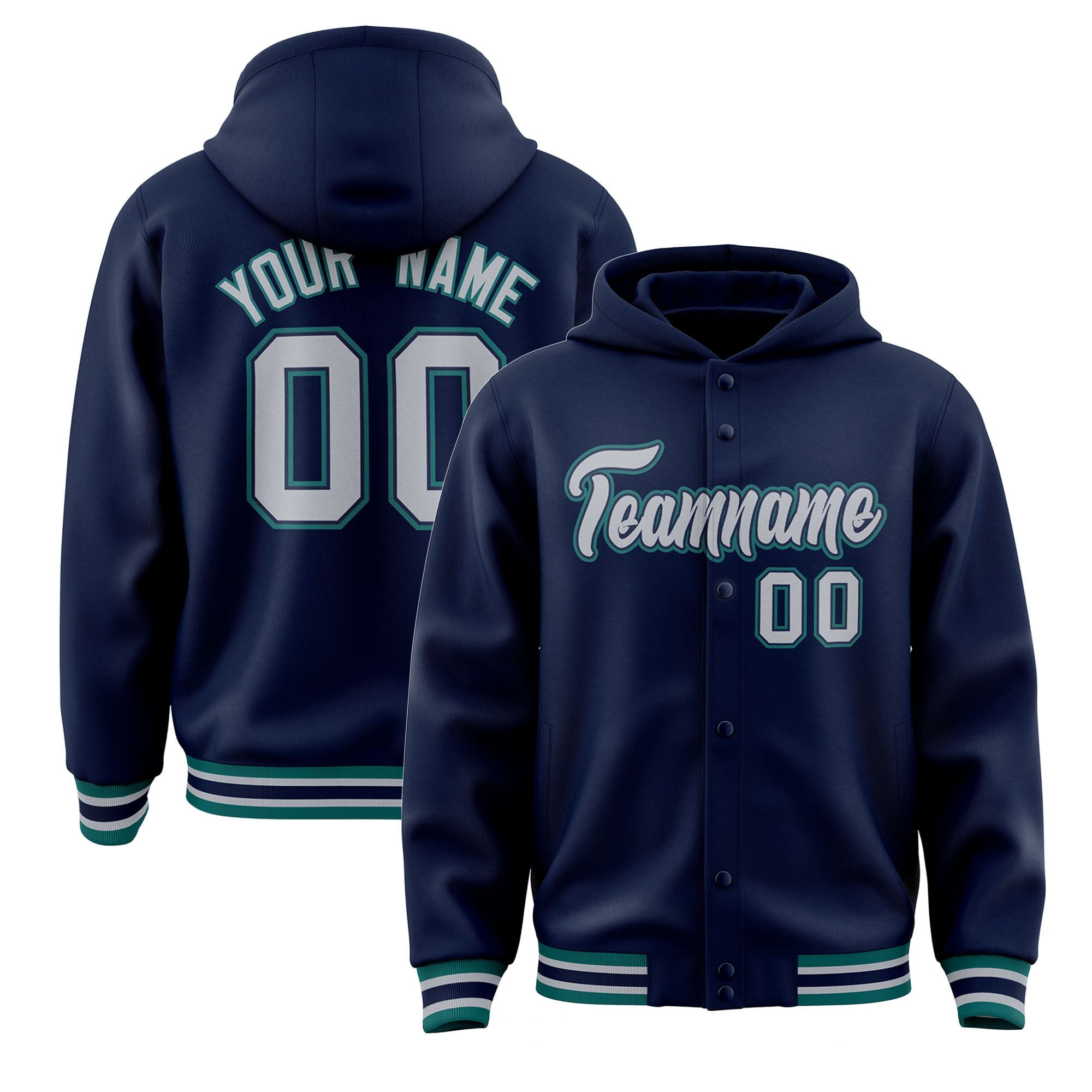 Custom Navy Gray-Aqua Varsity Full-Snap Letterman Classic Hoodie Jacket