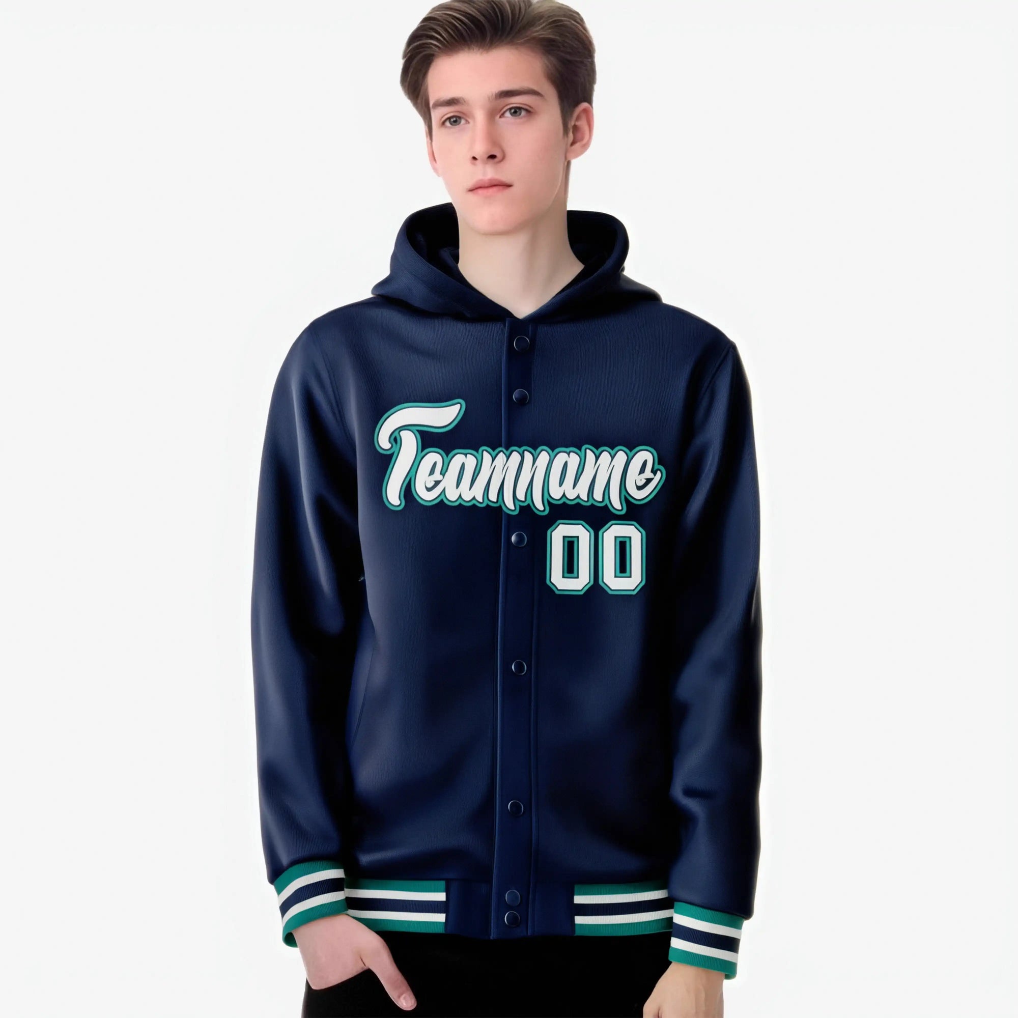 Custom Navy Gray-Aqua Varsity Full-Snap Letterman Classic Hoodie Jacket