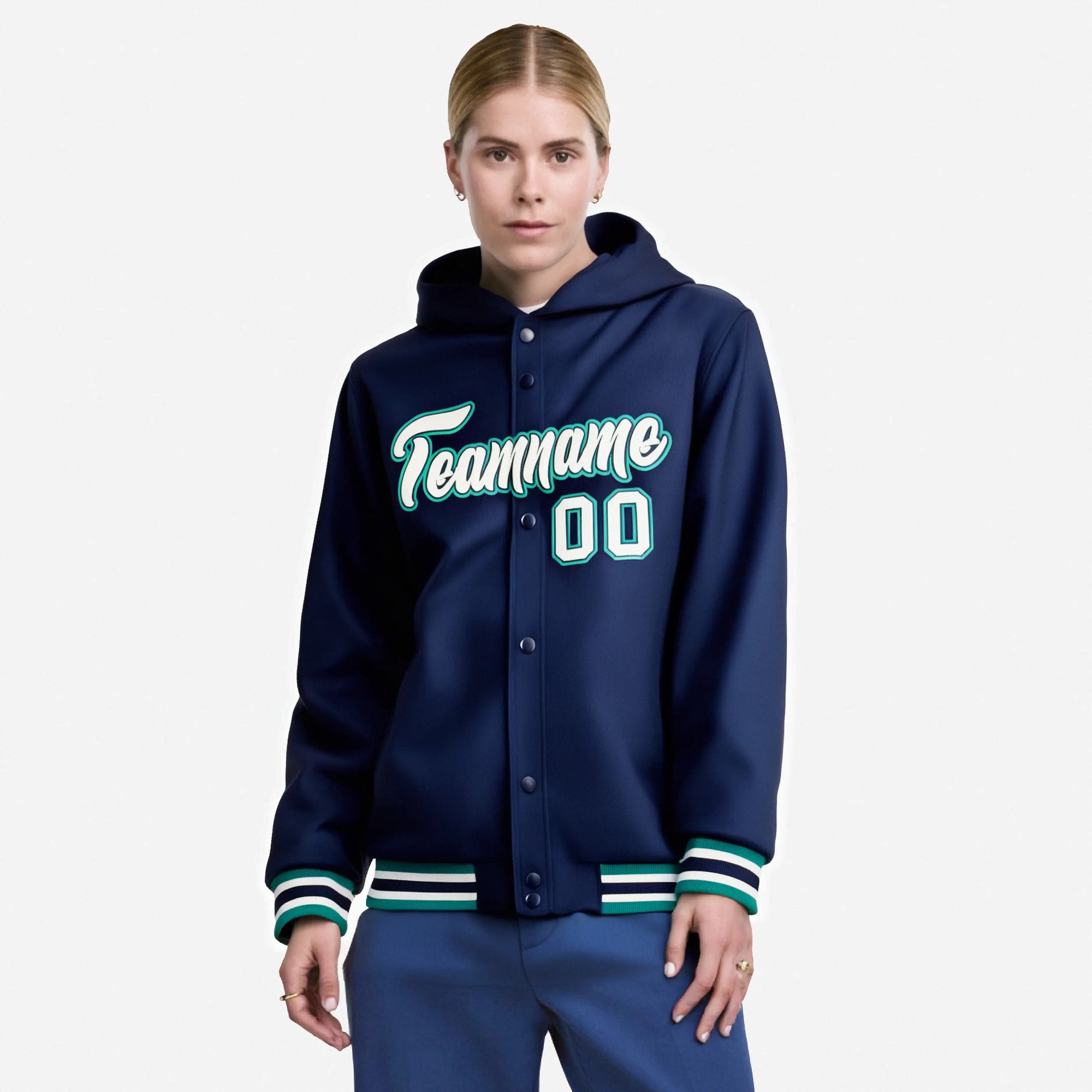 Custom Navy Gray-Aqua Varsity Full-Snap Letterman Classic Hoodie Jacket