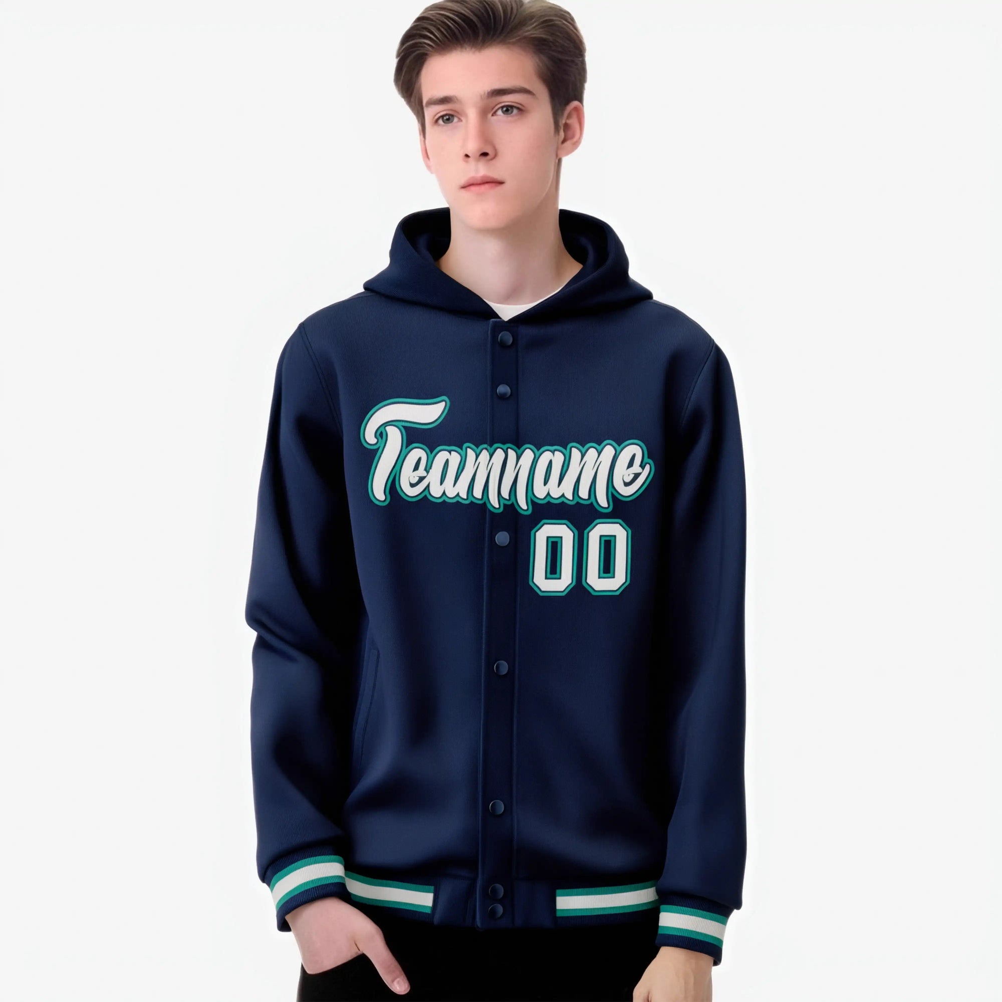 Custom Navy Gray-Aqua Varsity Full-Snap Letterman Classic Hoodie Jacket