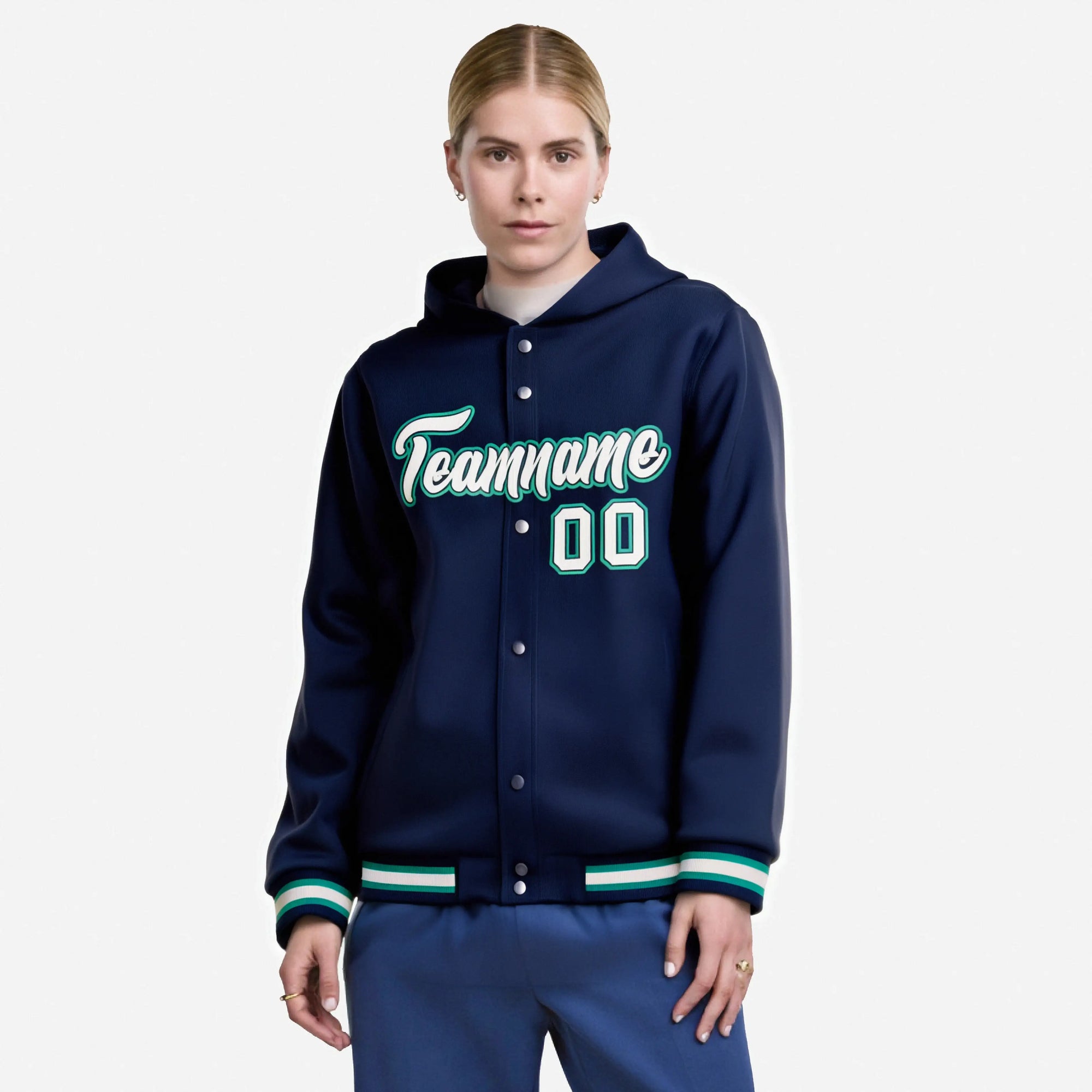 Custom Navy Gray-Aqua Varsity Full-Snap Letterman Classic Hoodie Jacket