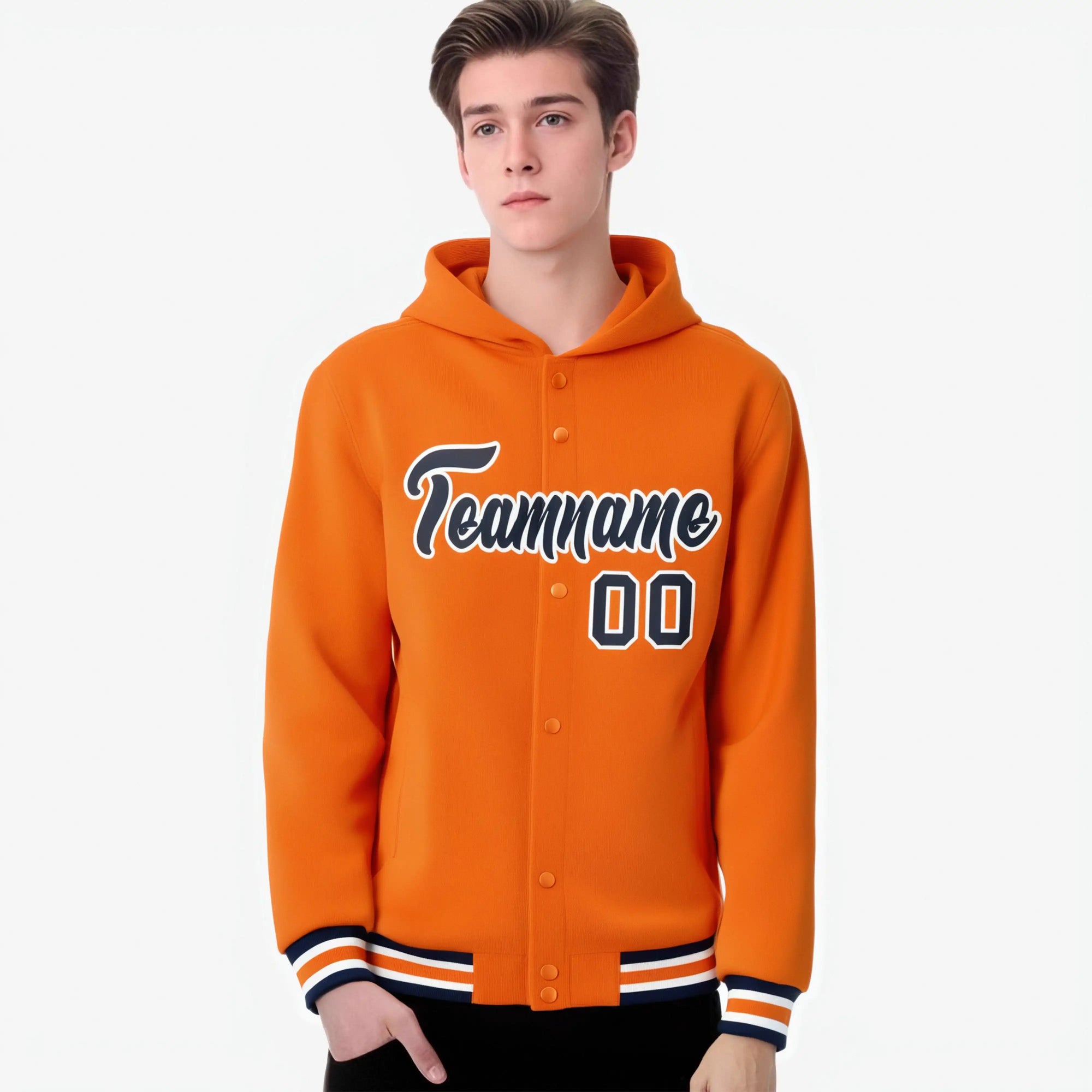 Custom Orange Navy-White Varsity Full-Snap Letterman Classic Hoodie Jacket