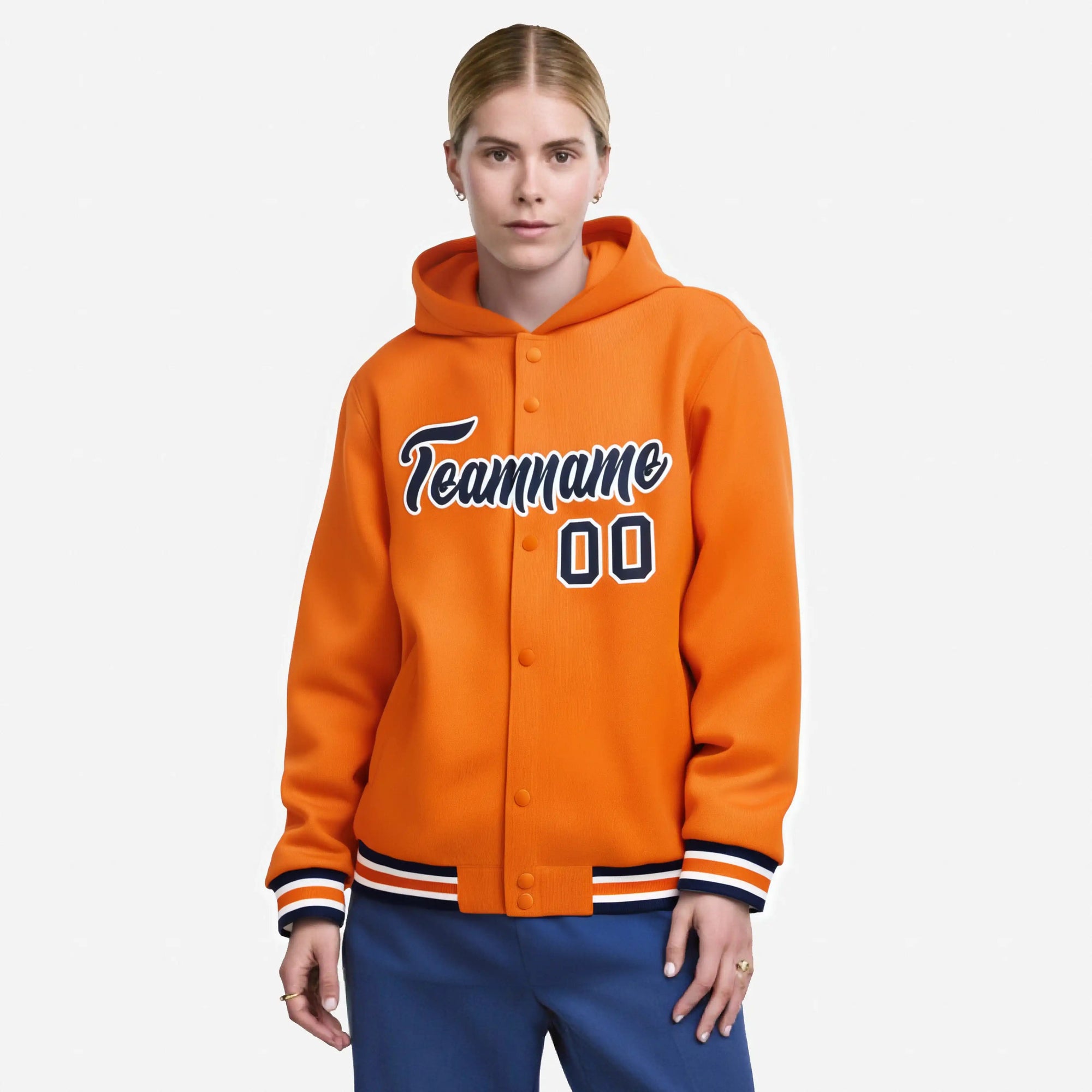 Custom Orange Navy-White Varsity Full-Snap Letterman Classic Hoodie Jacket