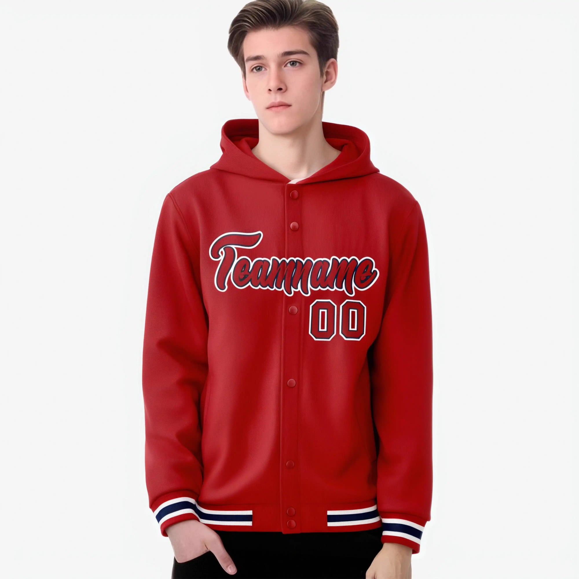 Custom Red White Varsity Full-Snap Letterman Classic Hoodie Jacket