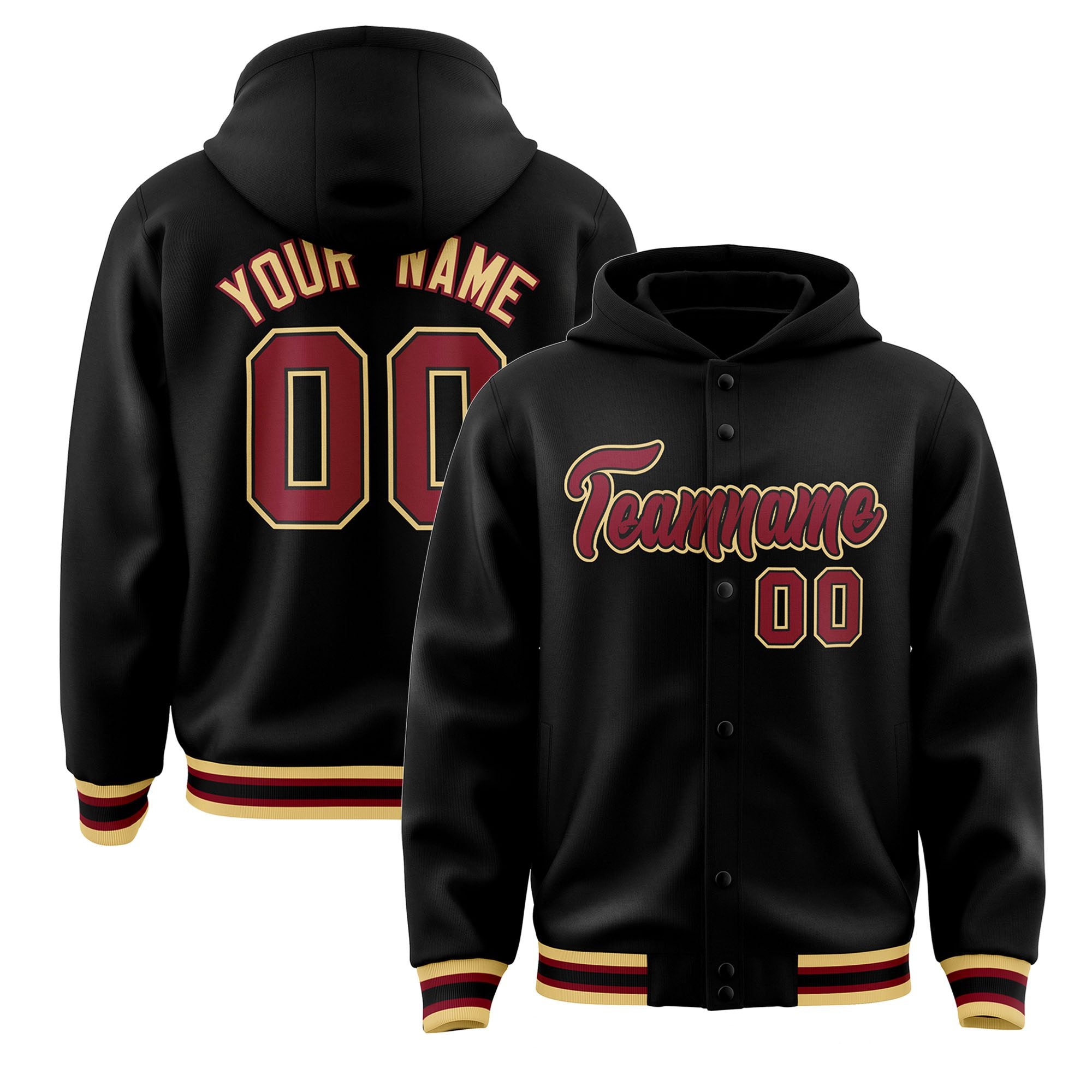 Custom Black Crimson-Gold Varsity Full-Snap Letterman Classic Hoodie Jacket