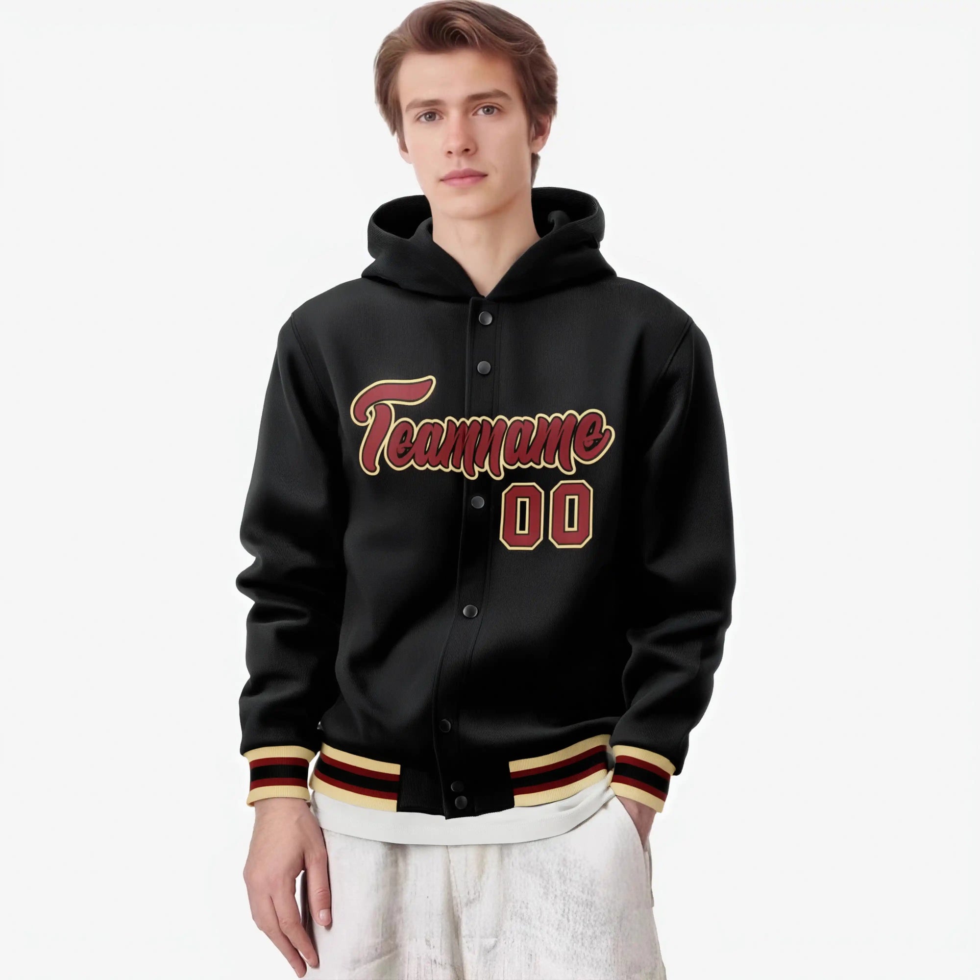 Custom Black Crimson-Gold Varsity Full-Snap Letterman Classic Hoodie Jacket