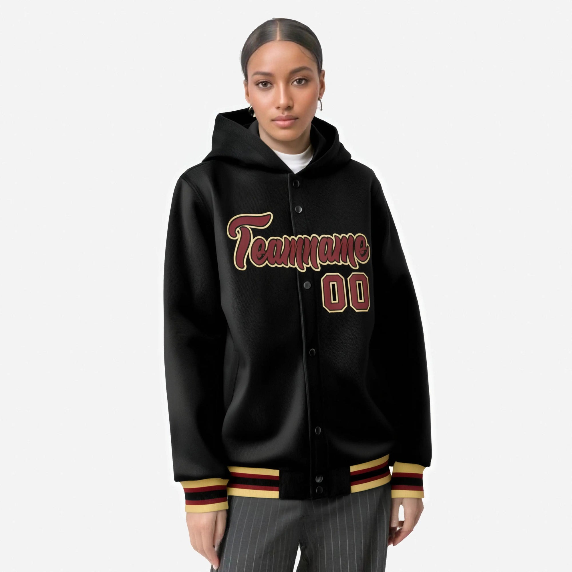 Custom Black Crimson-Gold Varsity Full-Snap Letterman Classic Hoodie Jacket