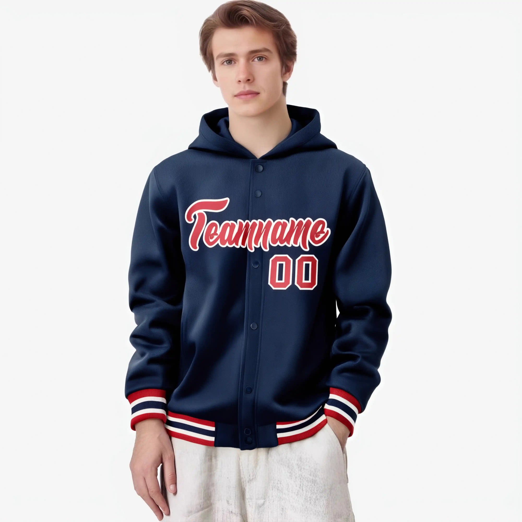 Custom Navy Red-White Varsity Full-Snap Letterman Classic Hoodie Jacket