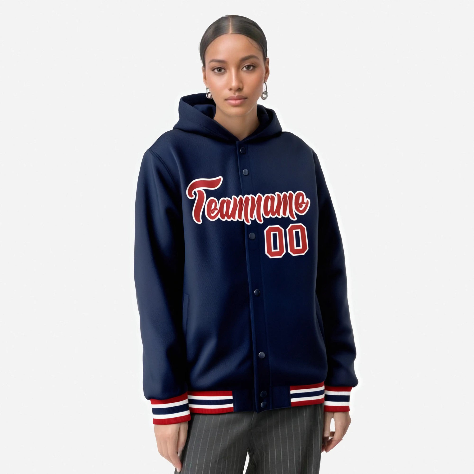 Custom Navy Red-White Varsity Full-Snap Letterman Classic Hoodie Jacket