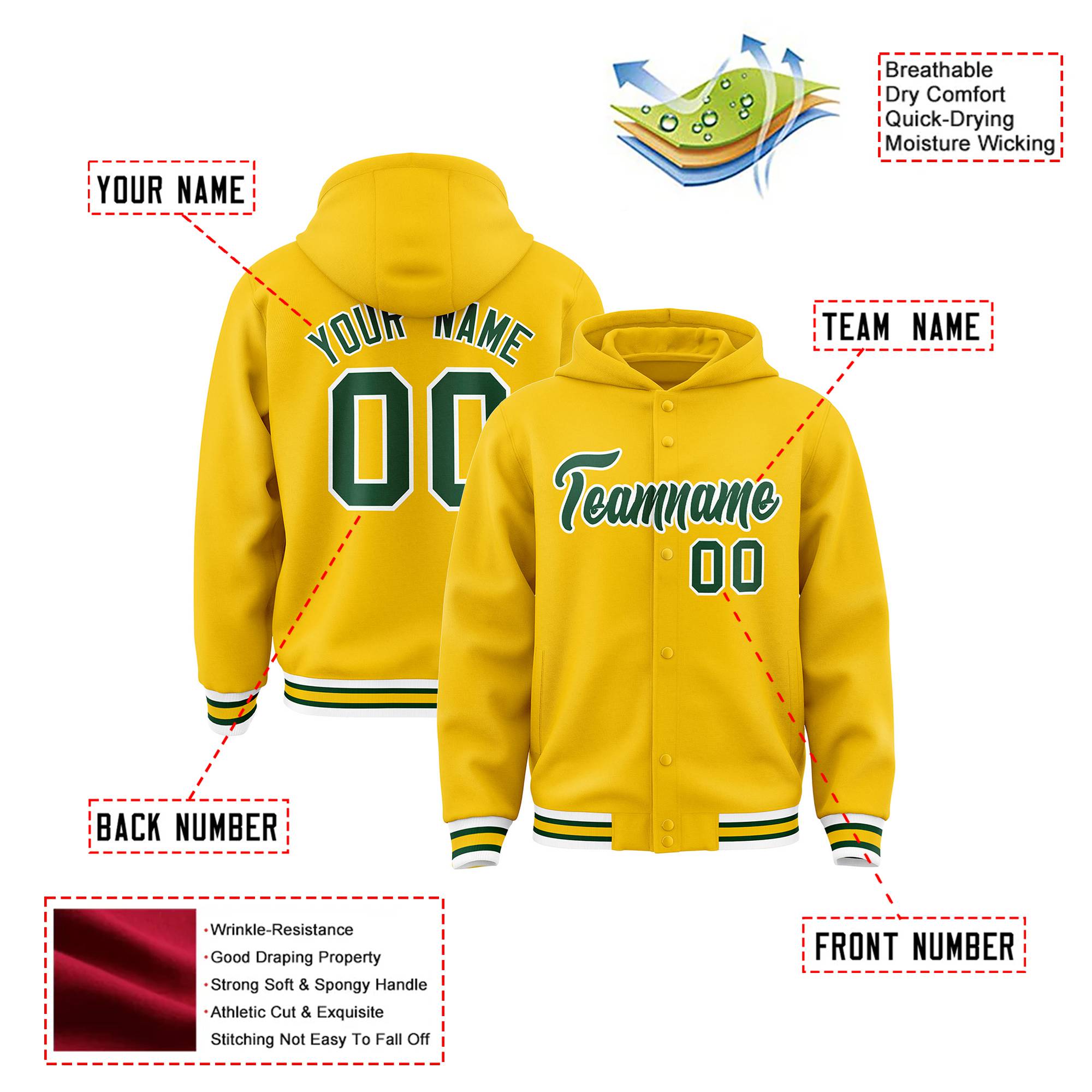 Custom Gold Green-White Varsity Full-Snap Letterman Classic Hoodie Jacket