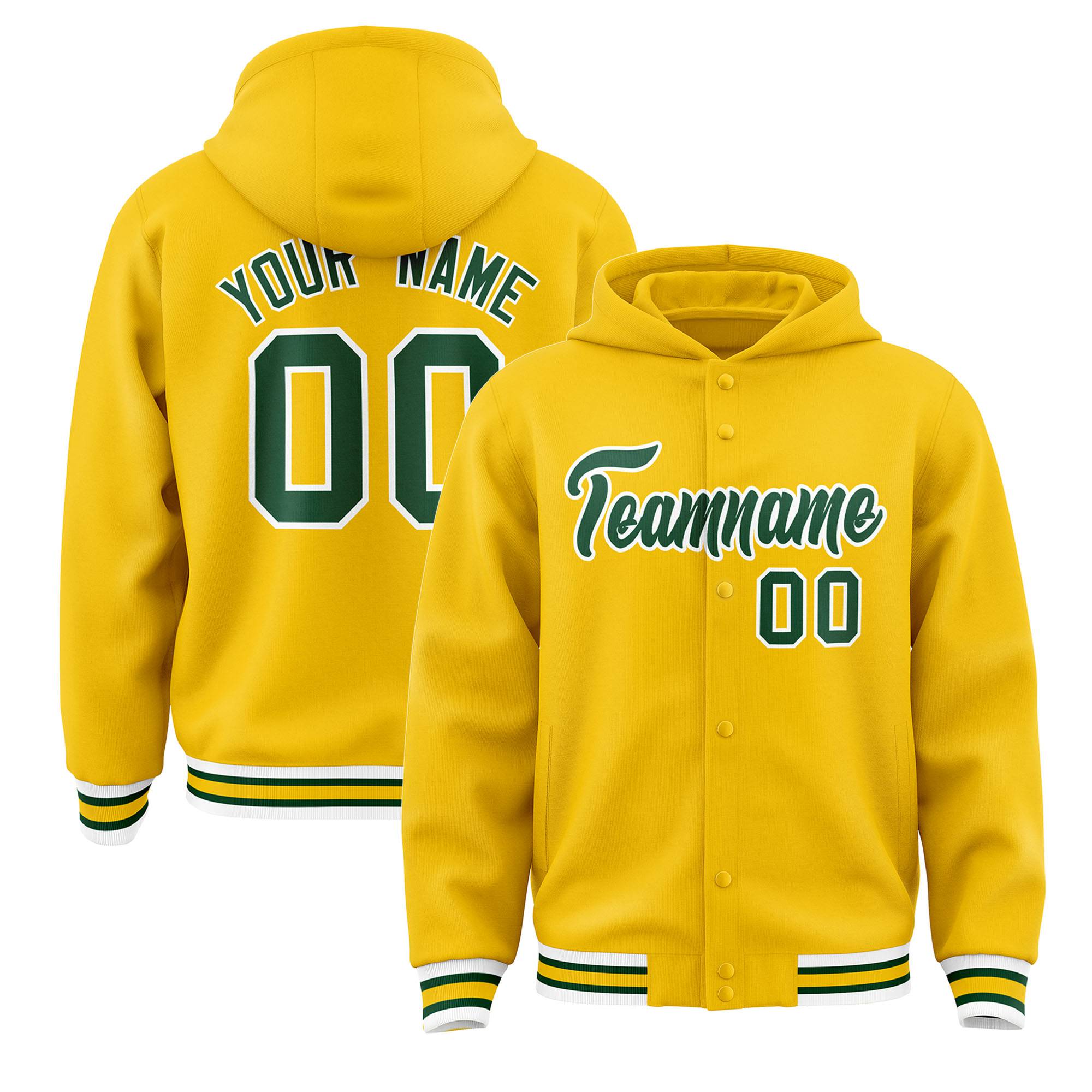 Custom Gold Green-White Varsity Full-Snap Letterman Classic Hoodie Jacket