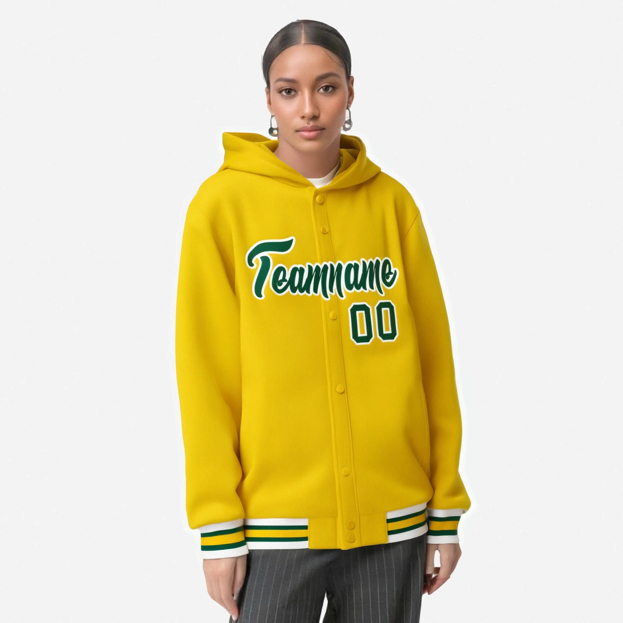 Custom Gold Green-White Varsity Full-Snap Letterman Classic Hoodie Jacket