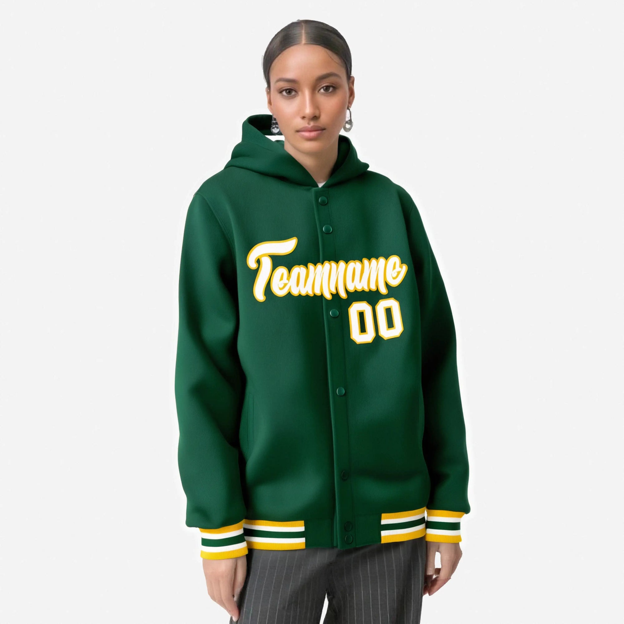 Custom Green White-Gold Varsity Full-Snap Letterman Classic Hoodie Jacket