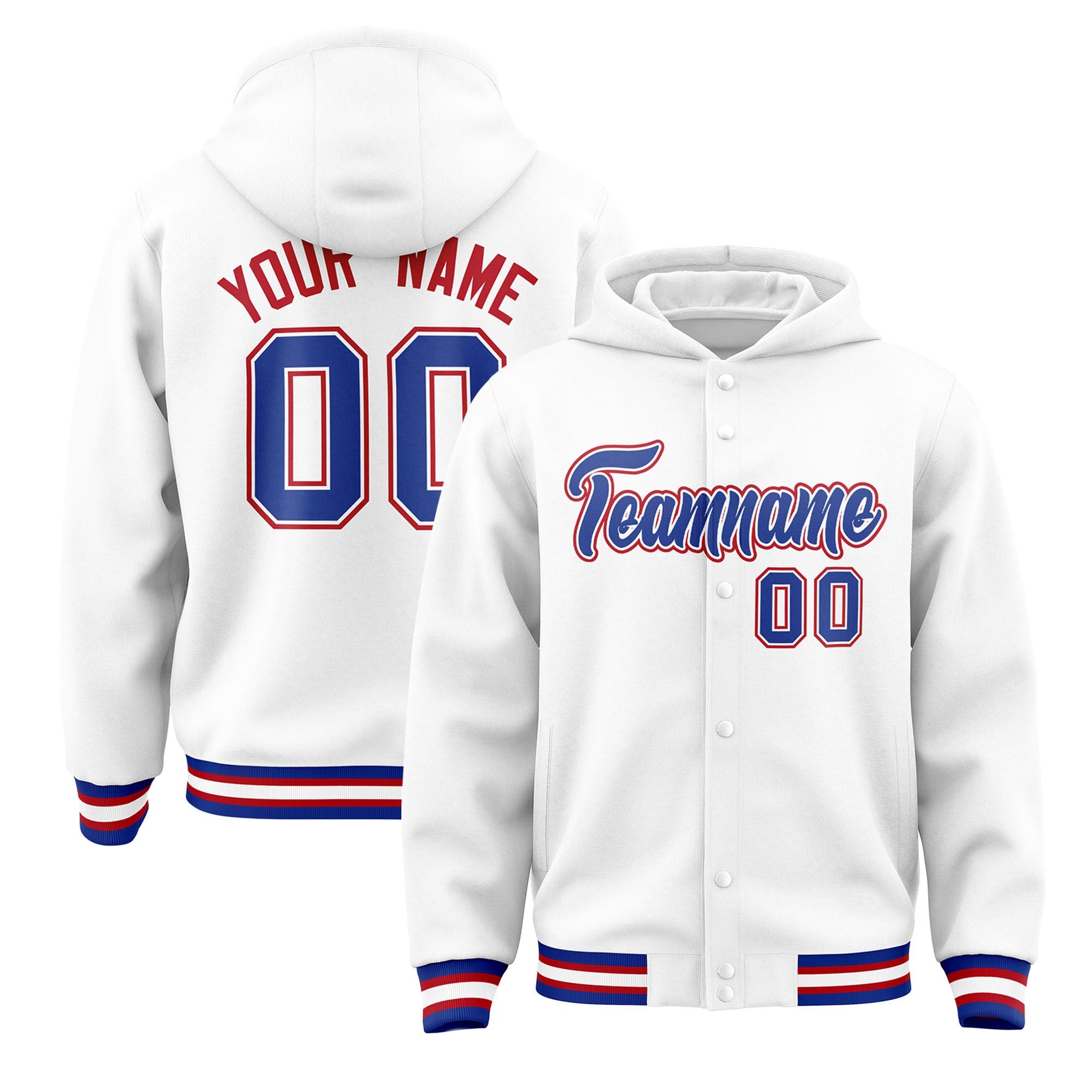 Custom White Royal Blue-Red Varsity Full-Snap Letterman Classic Hoodie Jacket