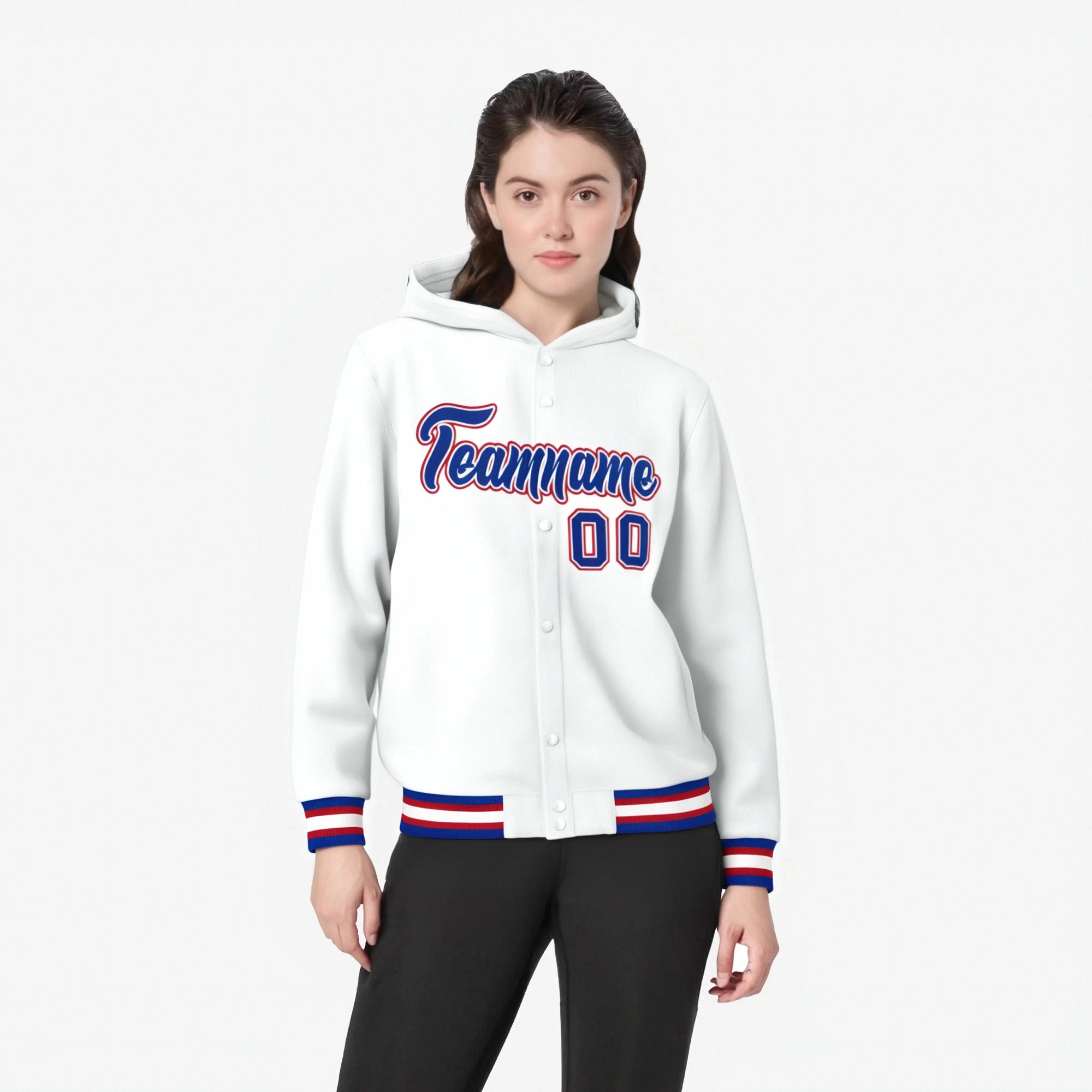 Custom White Royal Blue-Red Varsity Full-Snap Letterman Classic Hoodie Jacket