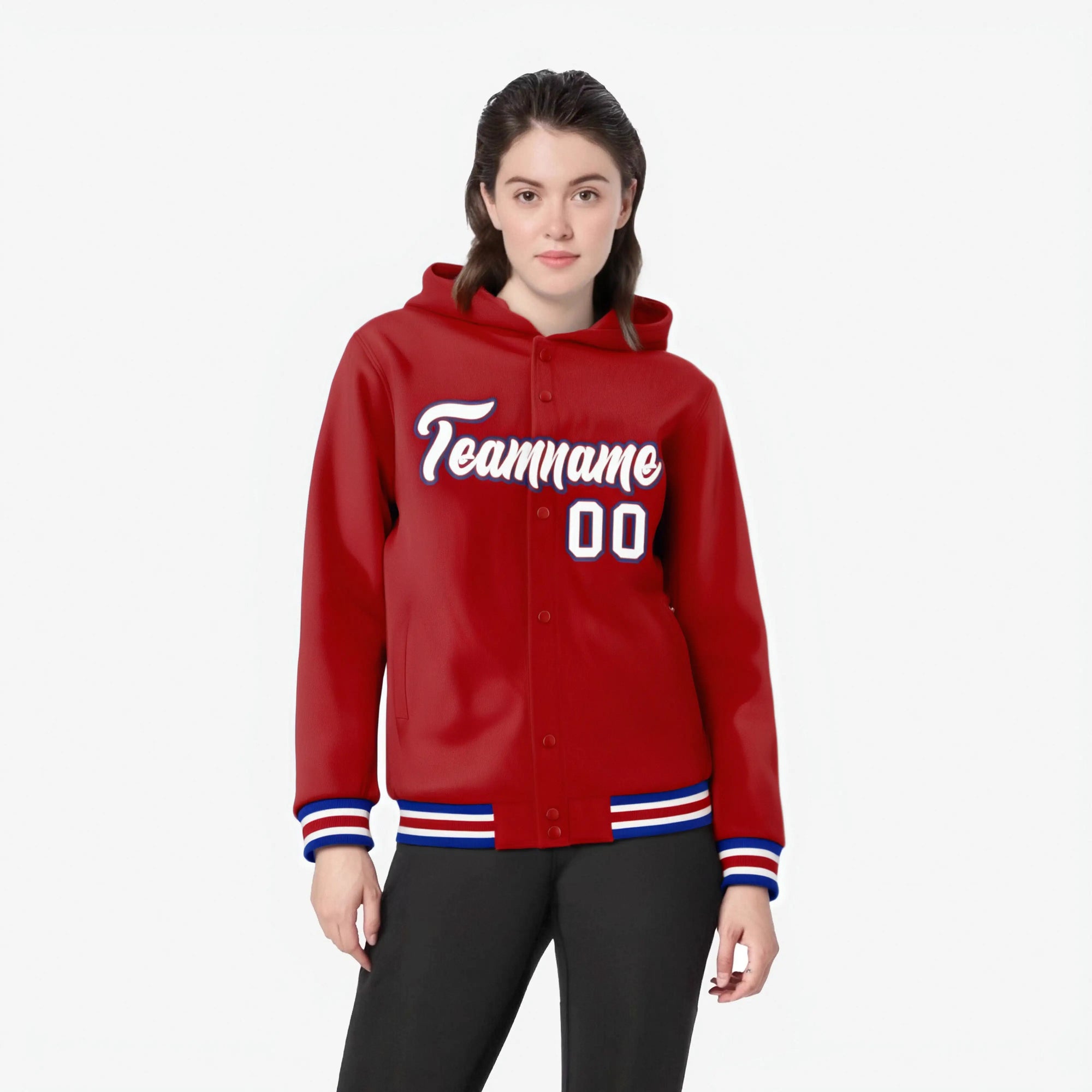 Custom Red White-Black Varsity Full-Snap Letterman Classic Hoodie Jacket