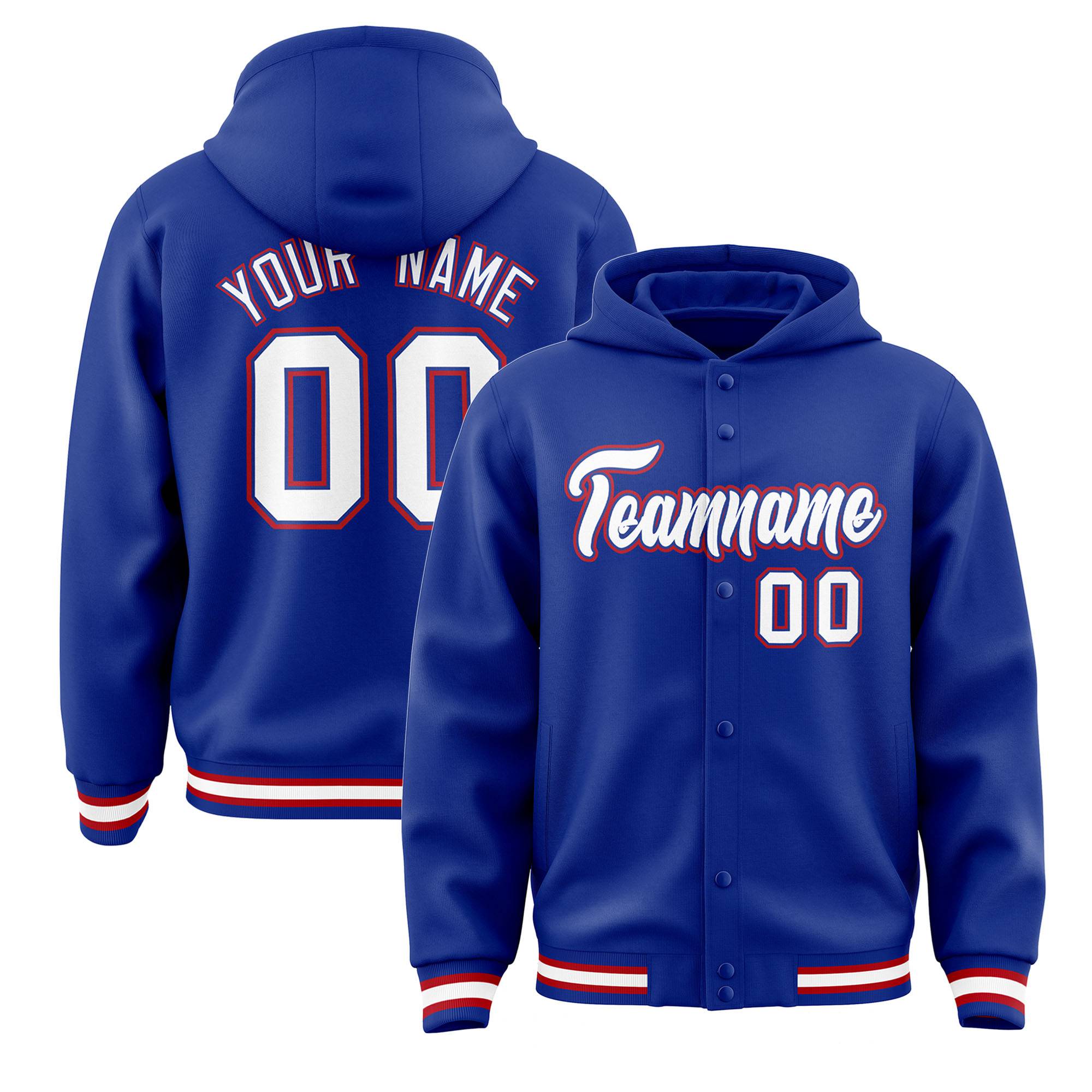 Custom Royal Blue White-Red Varsity Full-Snap Letterman Classic Hoodie Jacket