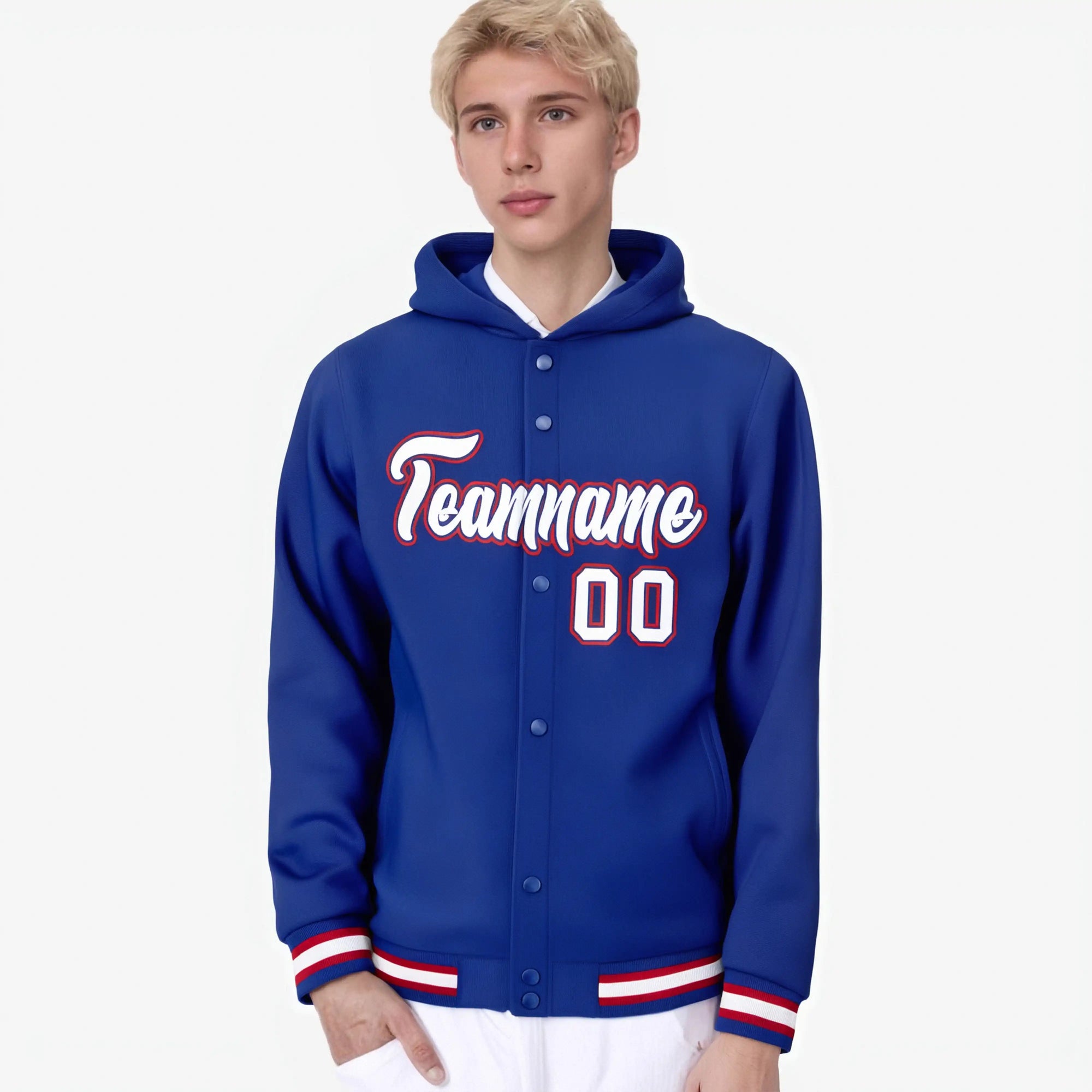 Custom Royal Blue White-Red Varsity Full-Snap Letterman Classic Hoodie Jacket