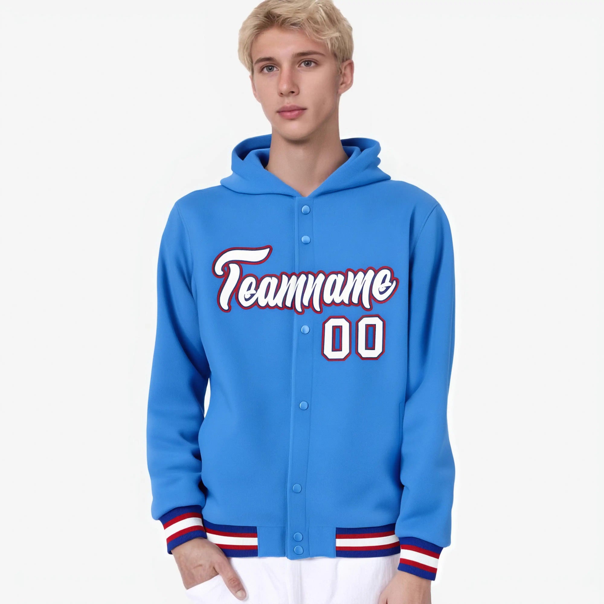 Custom Powder Blue White-Red Varsity Full-Snap Letterman Classic Hoodie Jacket