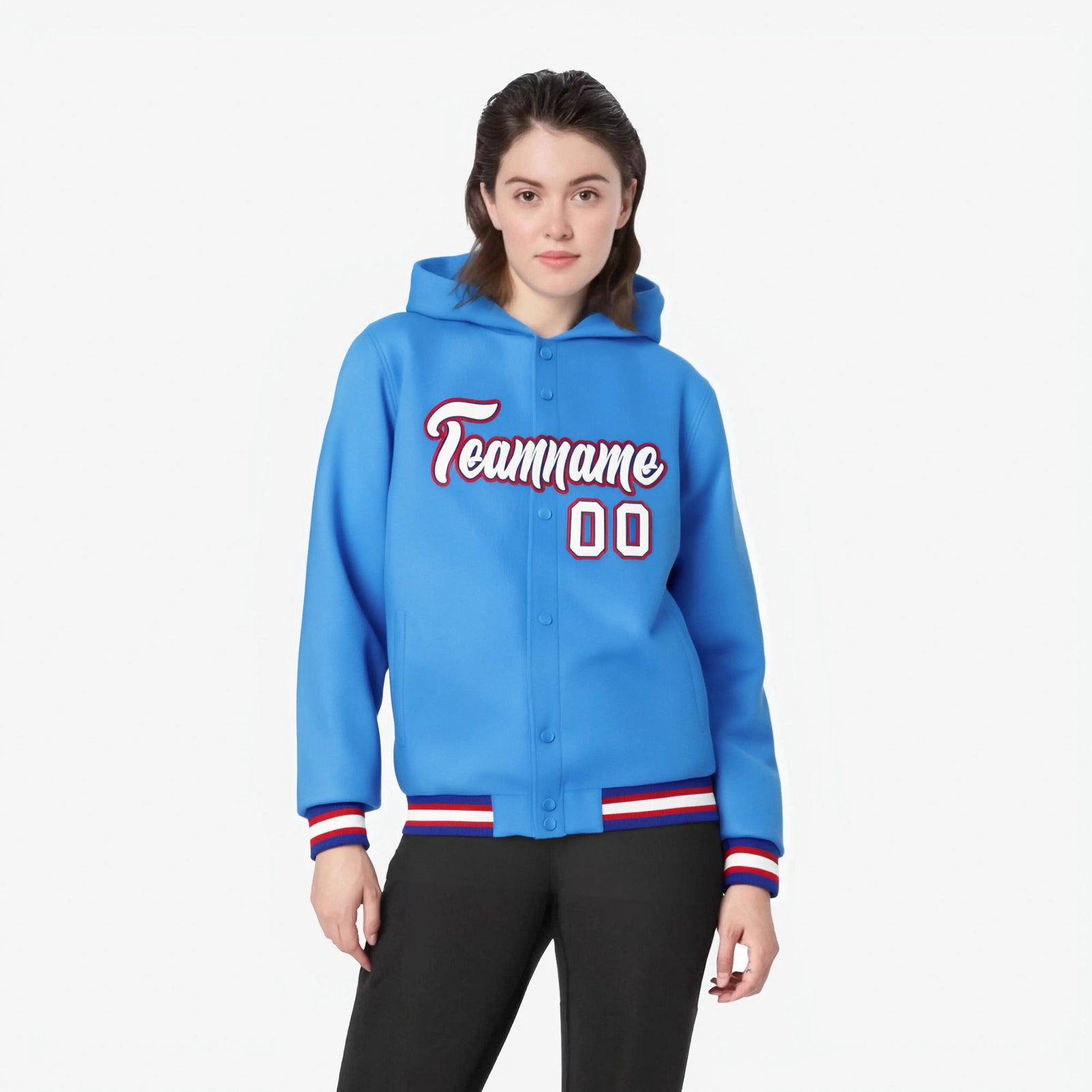 Custom Powder Blue White-Red Varsity Full-Snap Letterman Classic Hoodie Jacket