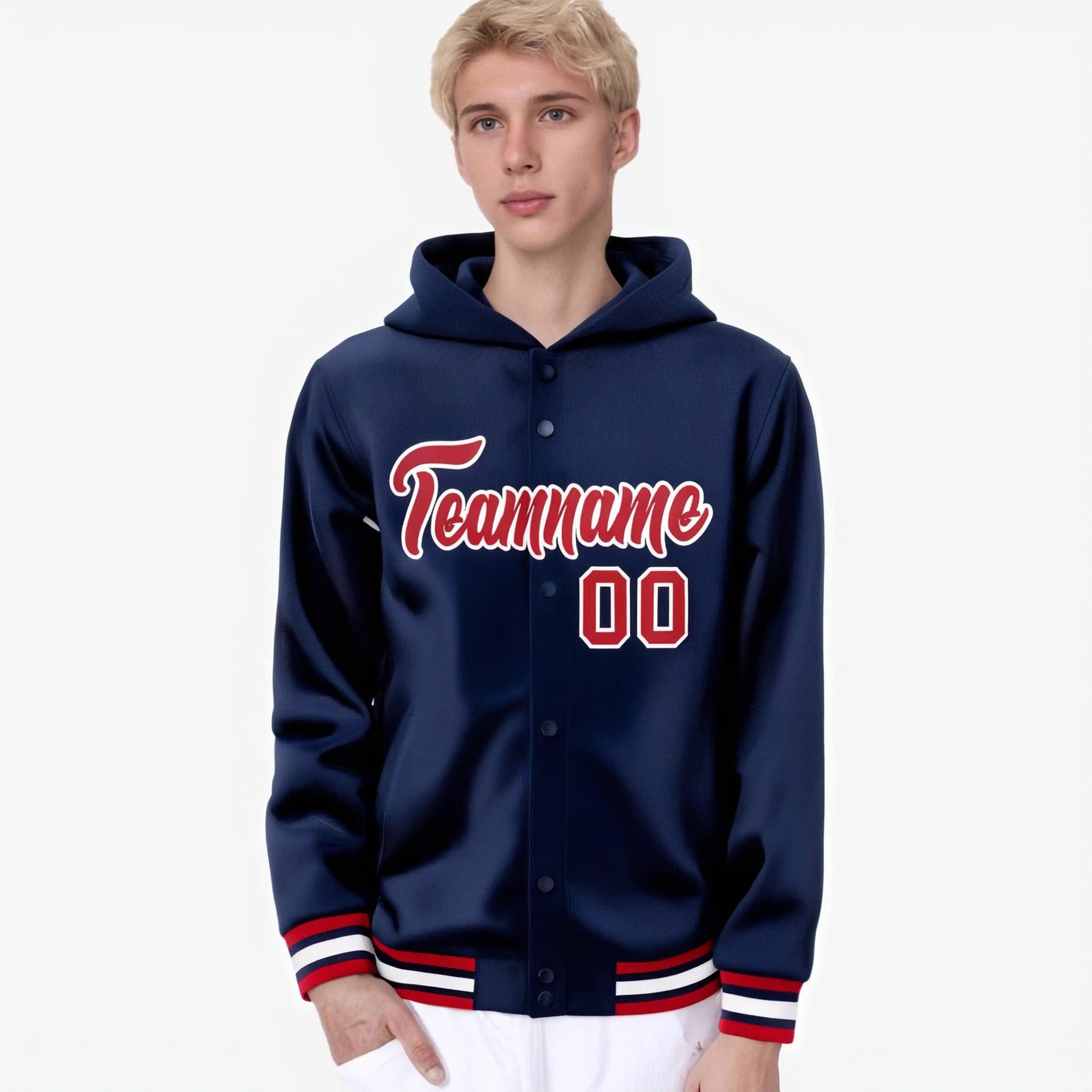 Custom Navy Red-White Varsity Full-Snap Letterman Classic Hoodie Jacket