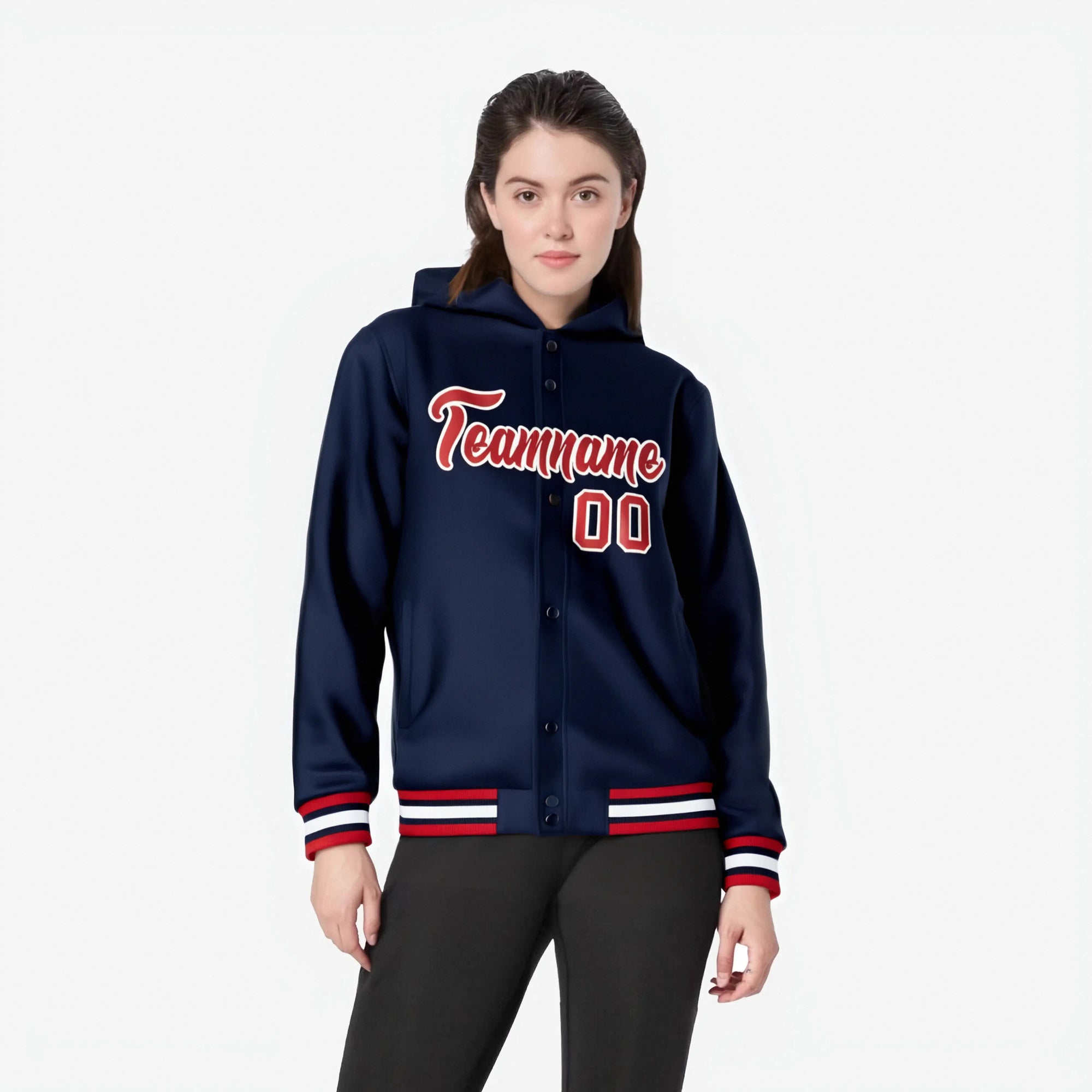 Custom Navy Red-White Varsity Full-Snap Letterman Classic Hoodie Jacket