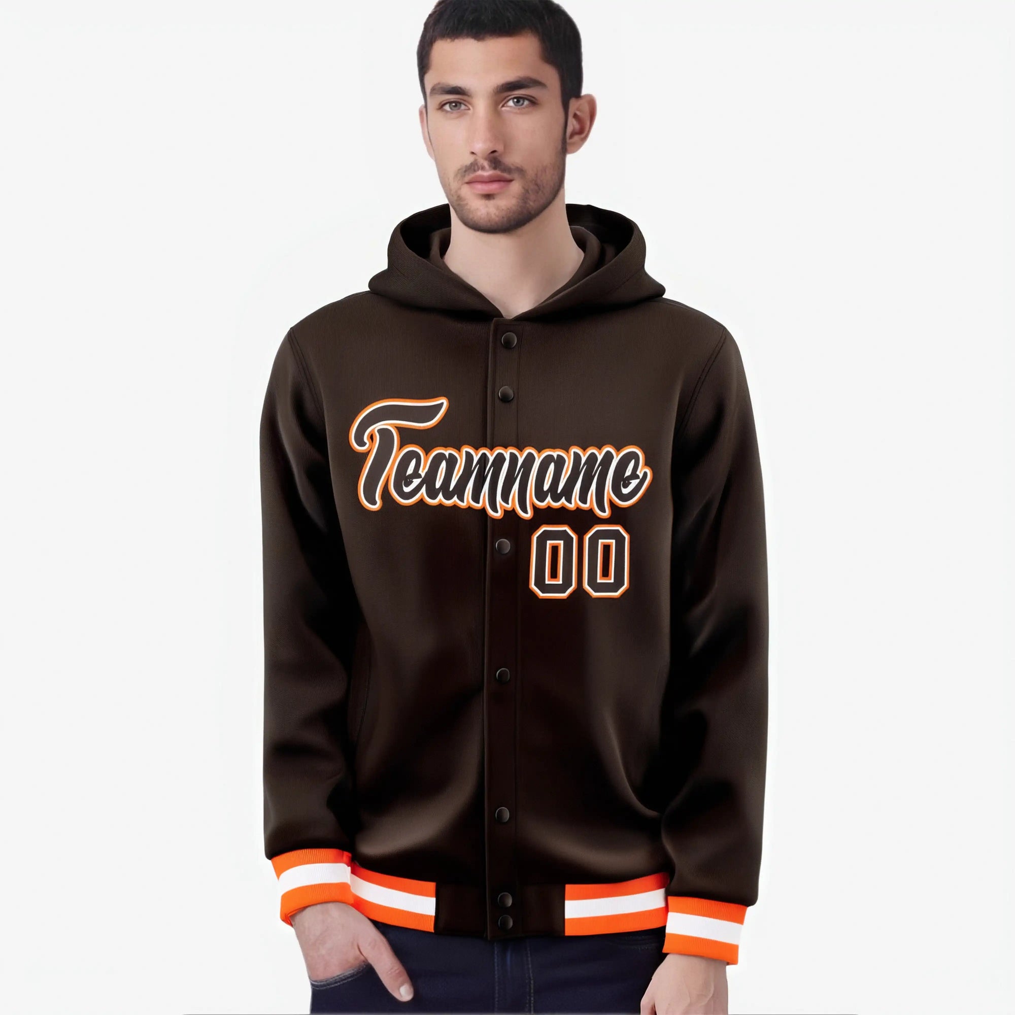 Custom Brown Orange-White Varsity Full-Snap Letterman Classic Hoodie Jacket