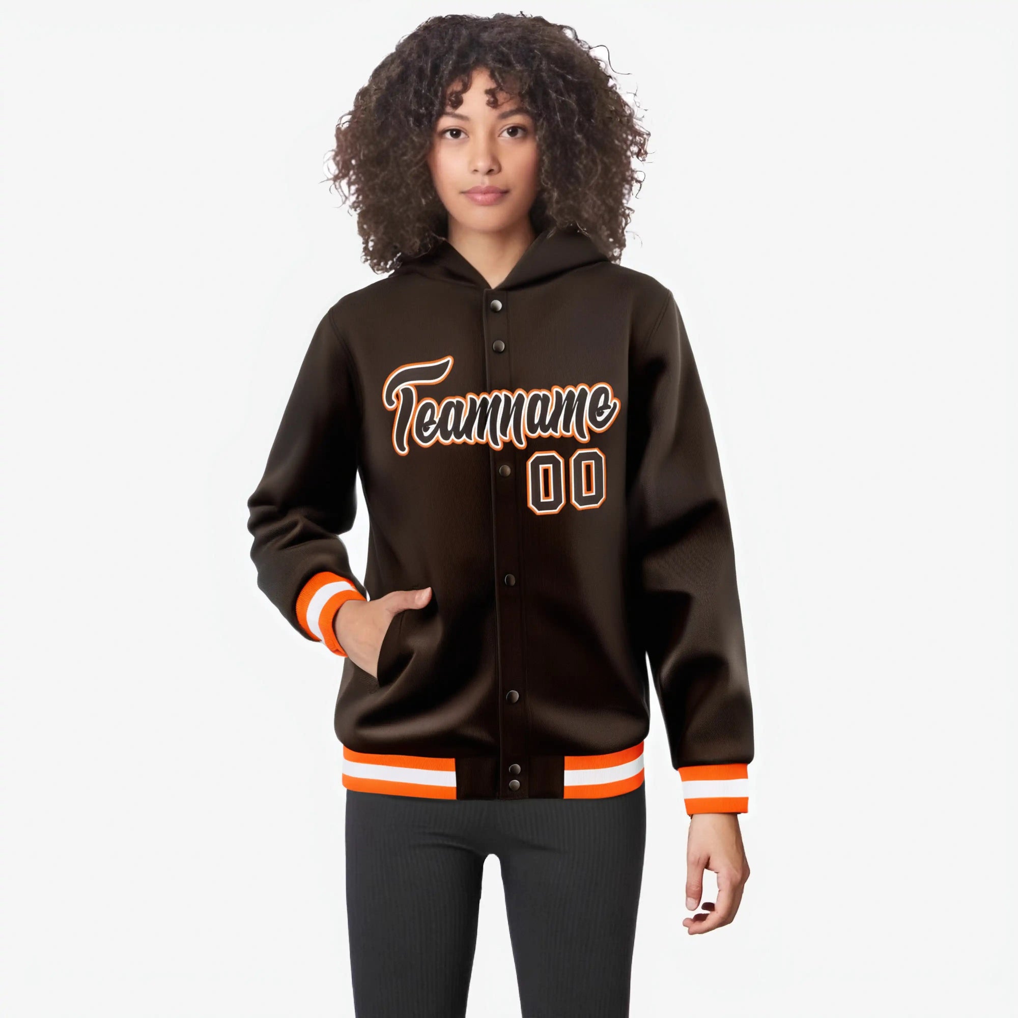 Custom Brown Orange-White Varsity Full-Snap Letterman Classic Hoodie Jacket