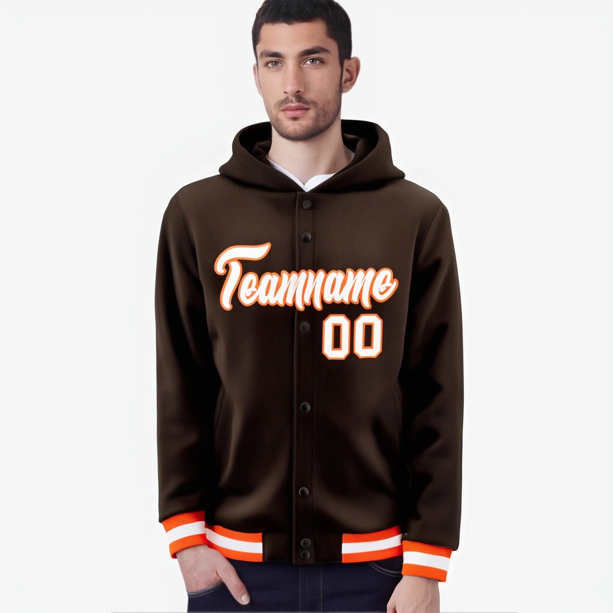 Custom Brown White-Orange Varsity Full-Snap Letterman Classic Hoodie Jacket