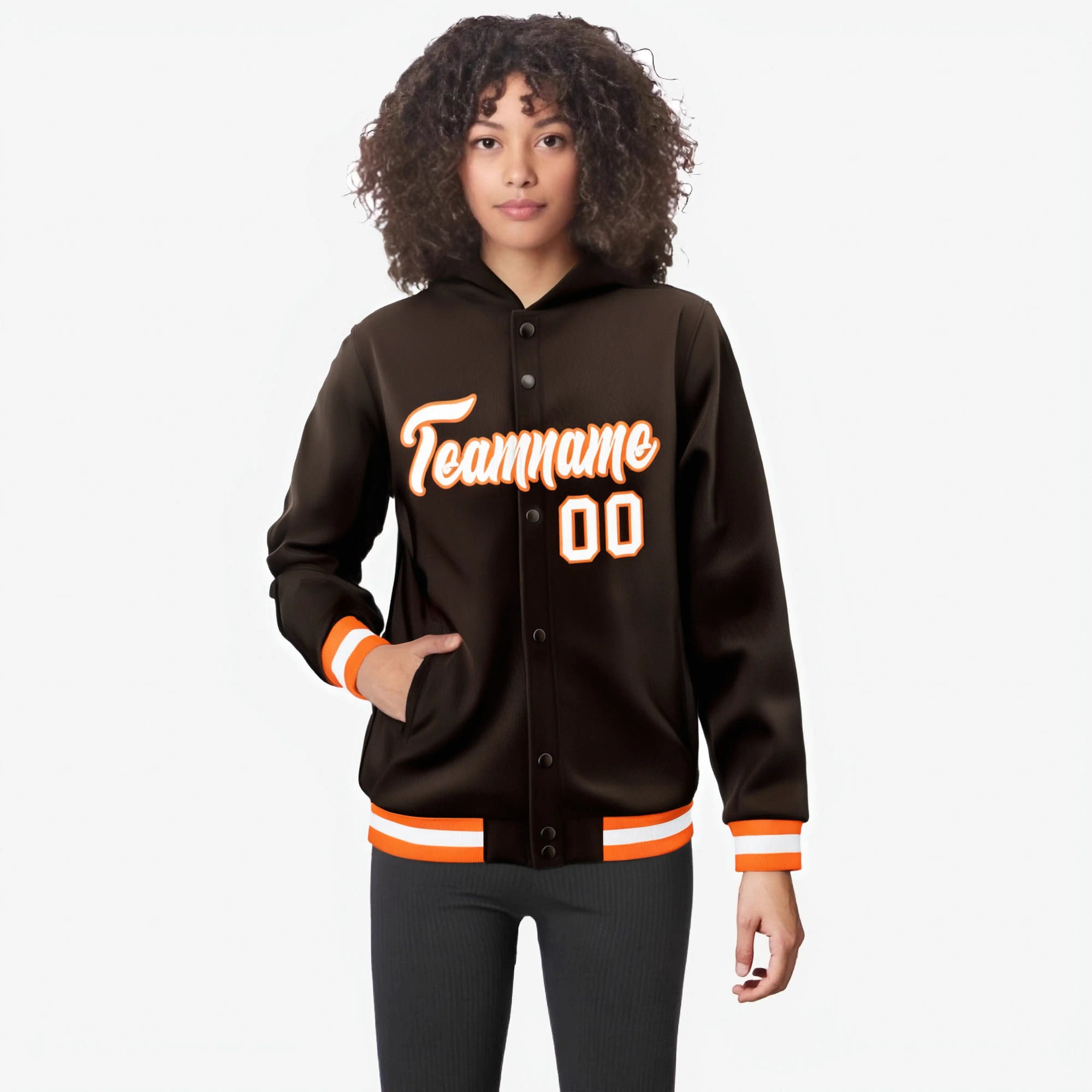 Custom Brown White-Orange Varsity Full-Snap Letterman Classic Hoodie Jacket