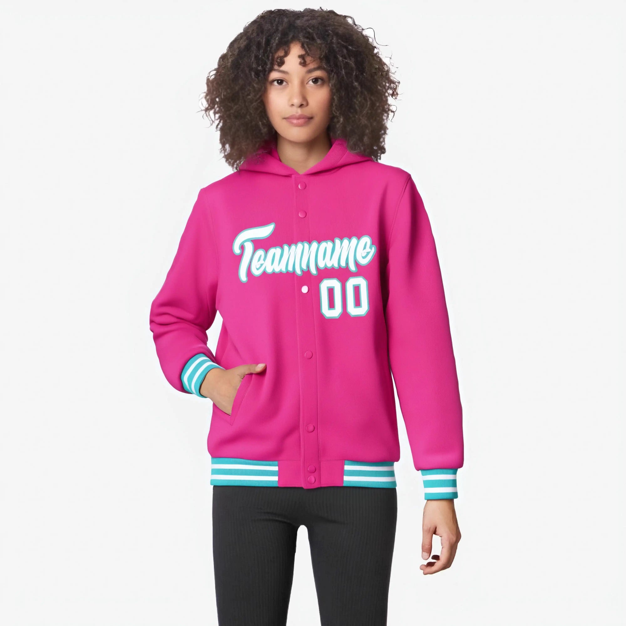 Custom Pink White-Aqua Varsity Full-Snap Letterman Classic Hoodie Jacket