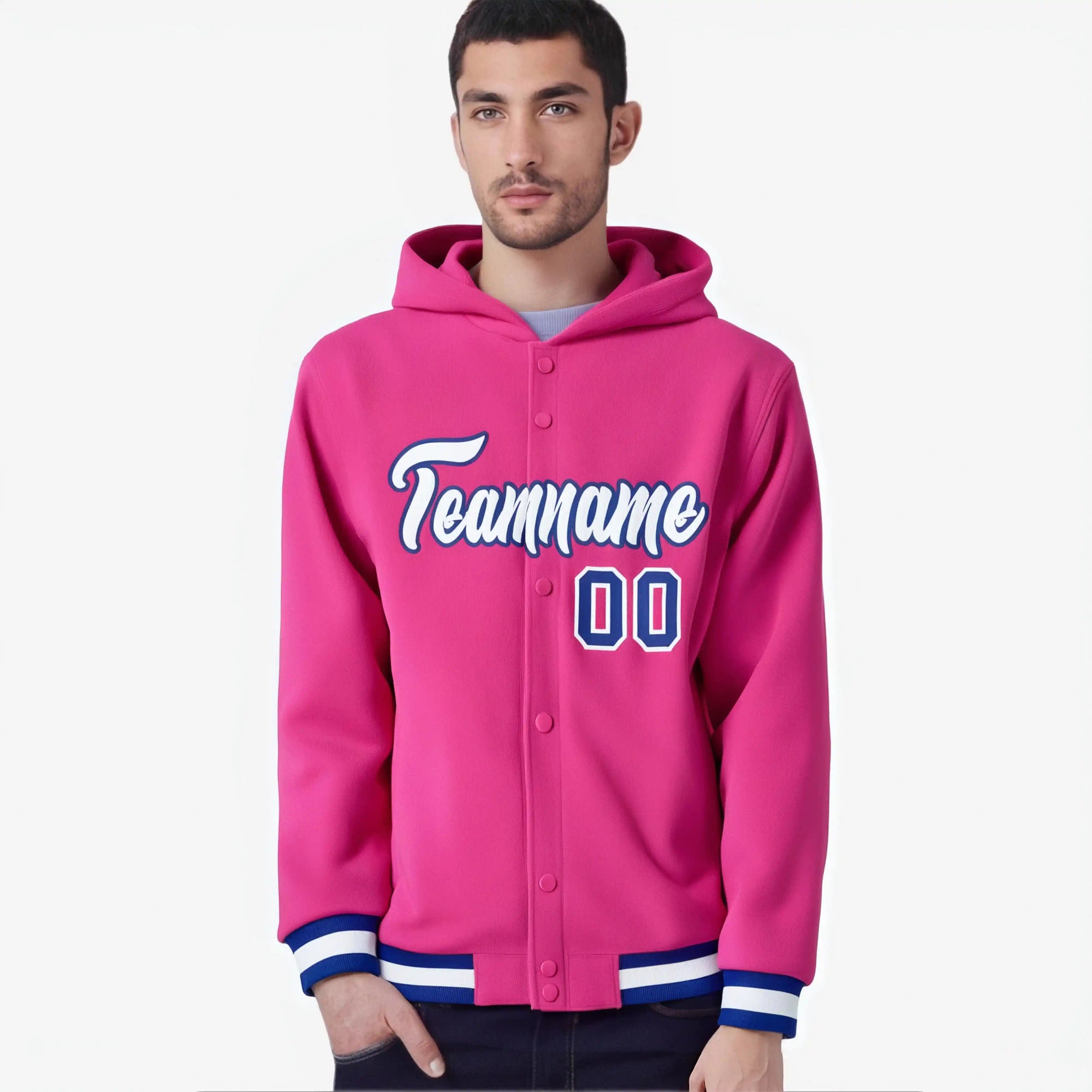 Custom Pink White-Royal Blue Varsity Full-Snap Letterman Classic Hoodie Jacket