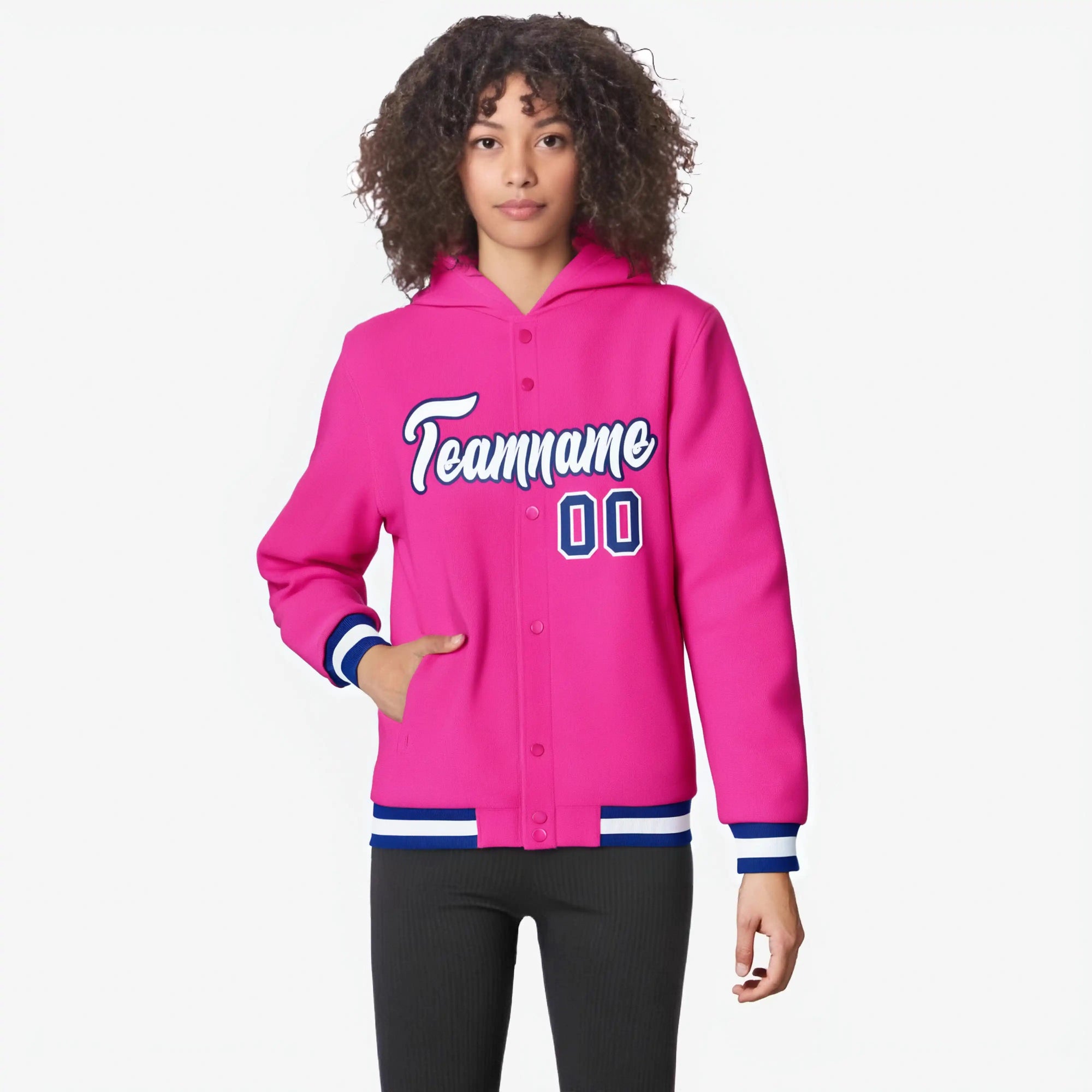 Custom Pink White-Royal Blue Varsity Full-Snap Letterman Classic Hoodie Jacket