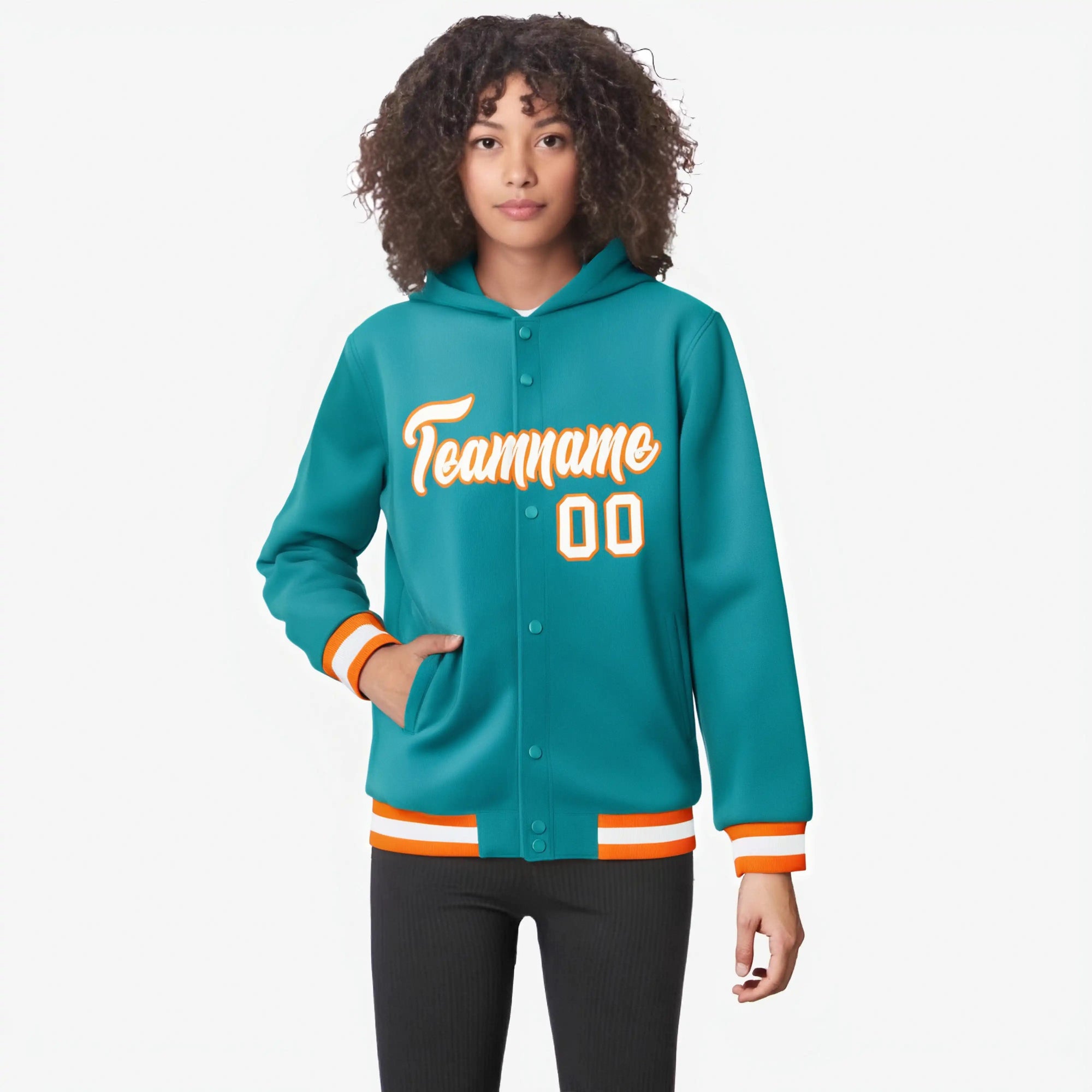 Custom Aqua White-Orange Varsity Full-Snap Letterman Classic Hoodie Jacket