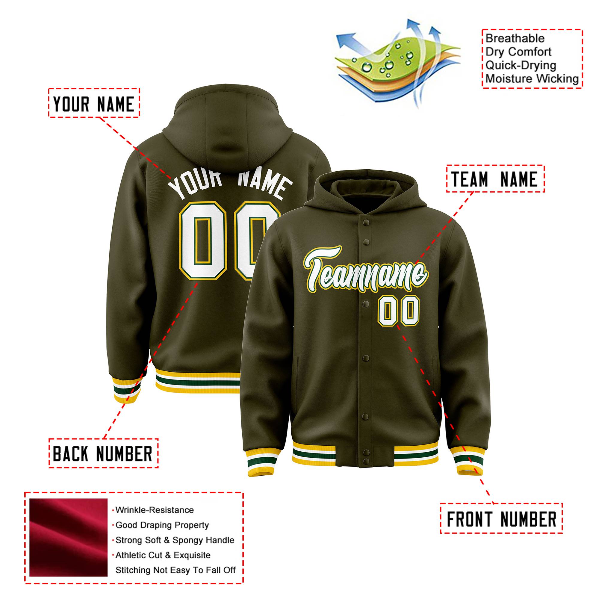 Custom Olive White-Gold Varsity Full-Snap Letterman Classic Hoodie Jacket