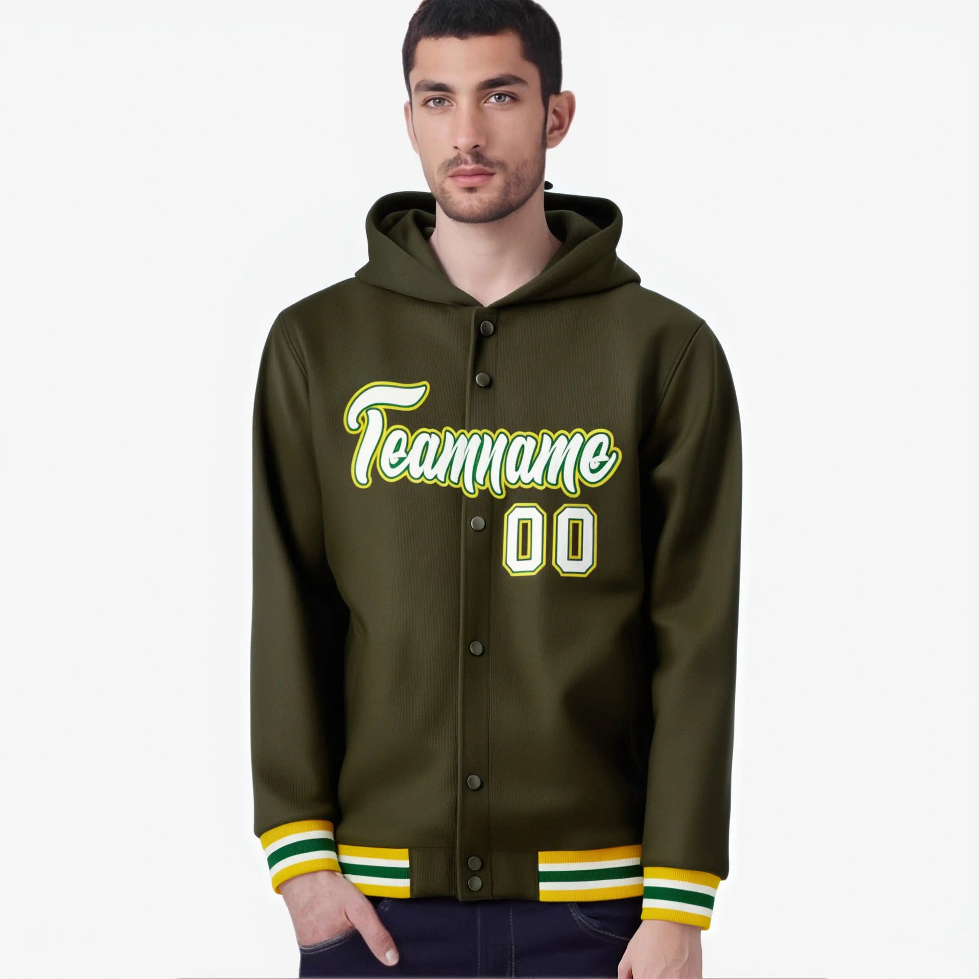 Custom Olive White-Gold Varsity Full-Snap Letterman Classic Hoodie Jacket