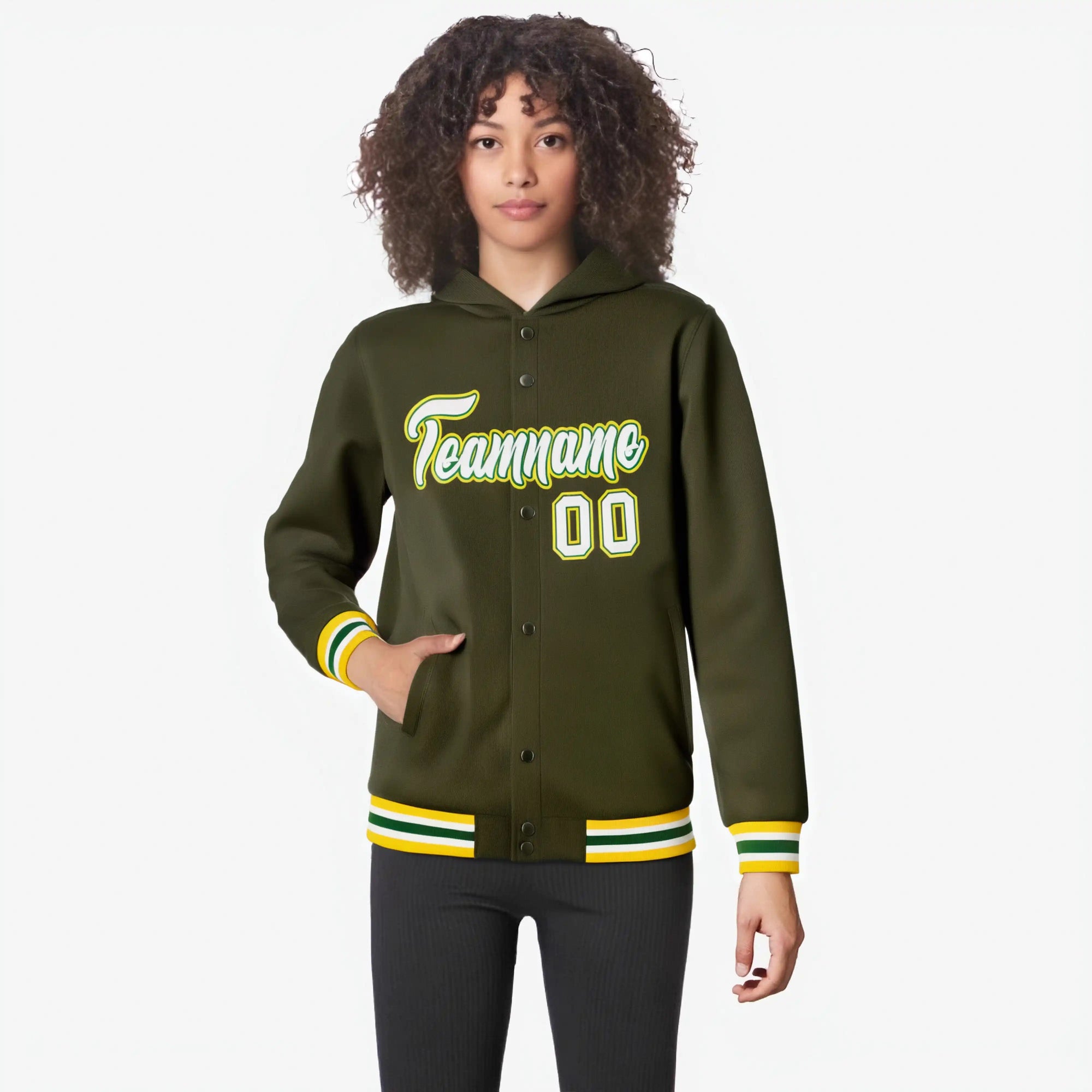 Custom Olive White-Gold Varsity Full-Snap Letterman Classic Hoodie Jacket