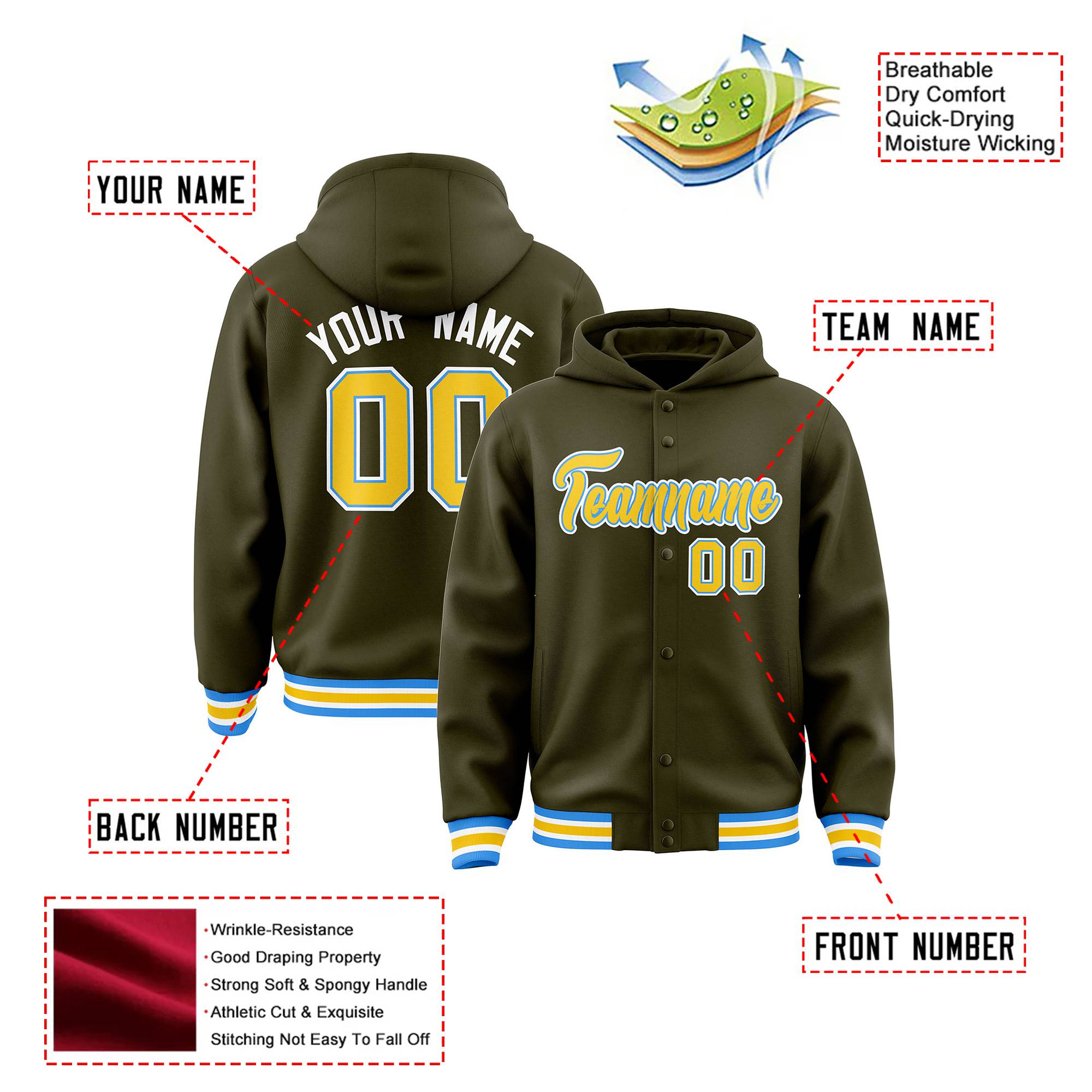 Custom Olive Gold-White Varsity Full-Snap Letterman Classic Hoodie Jacket