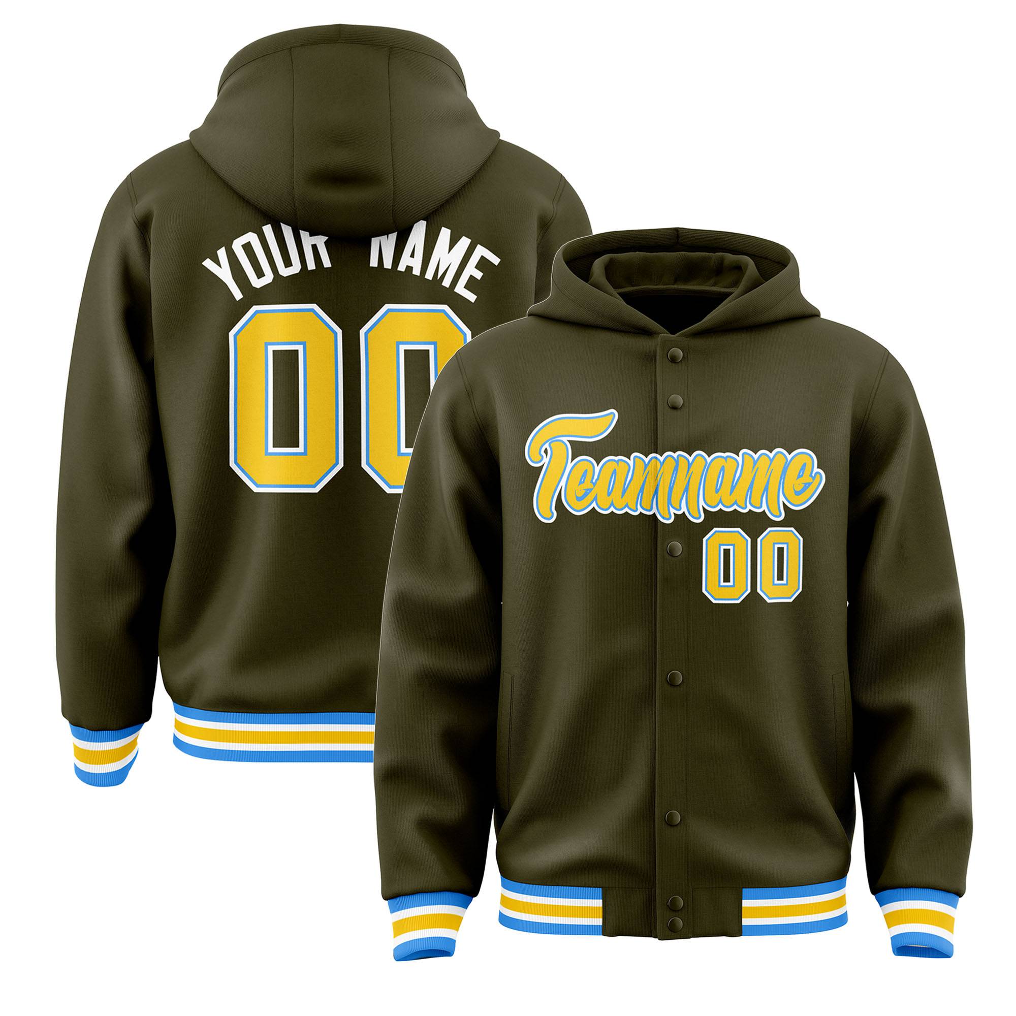 Custom Olive Gold-White Varsity Full-Snap Letterman Classic Hoodie Jacket