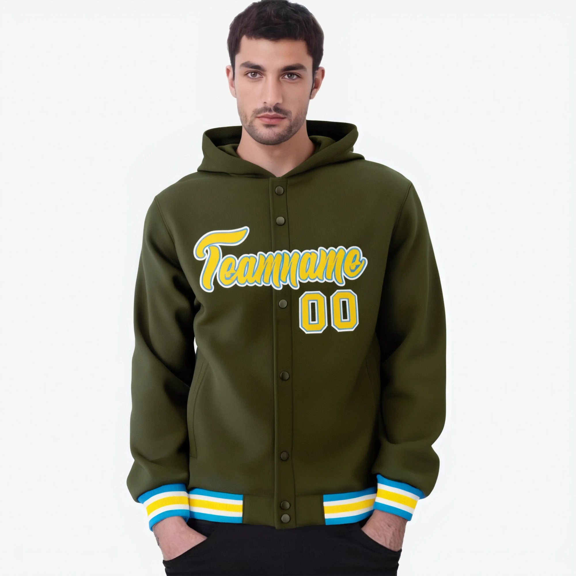 Custom Olive Gold-White Varsity Full-Snap Letterman Classic Hoodie Jacket