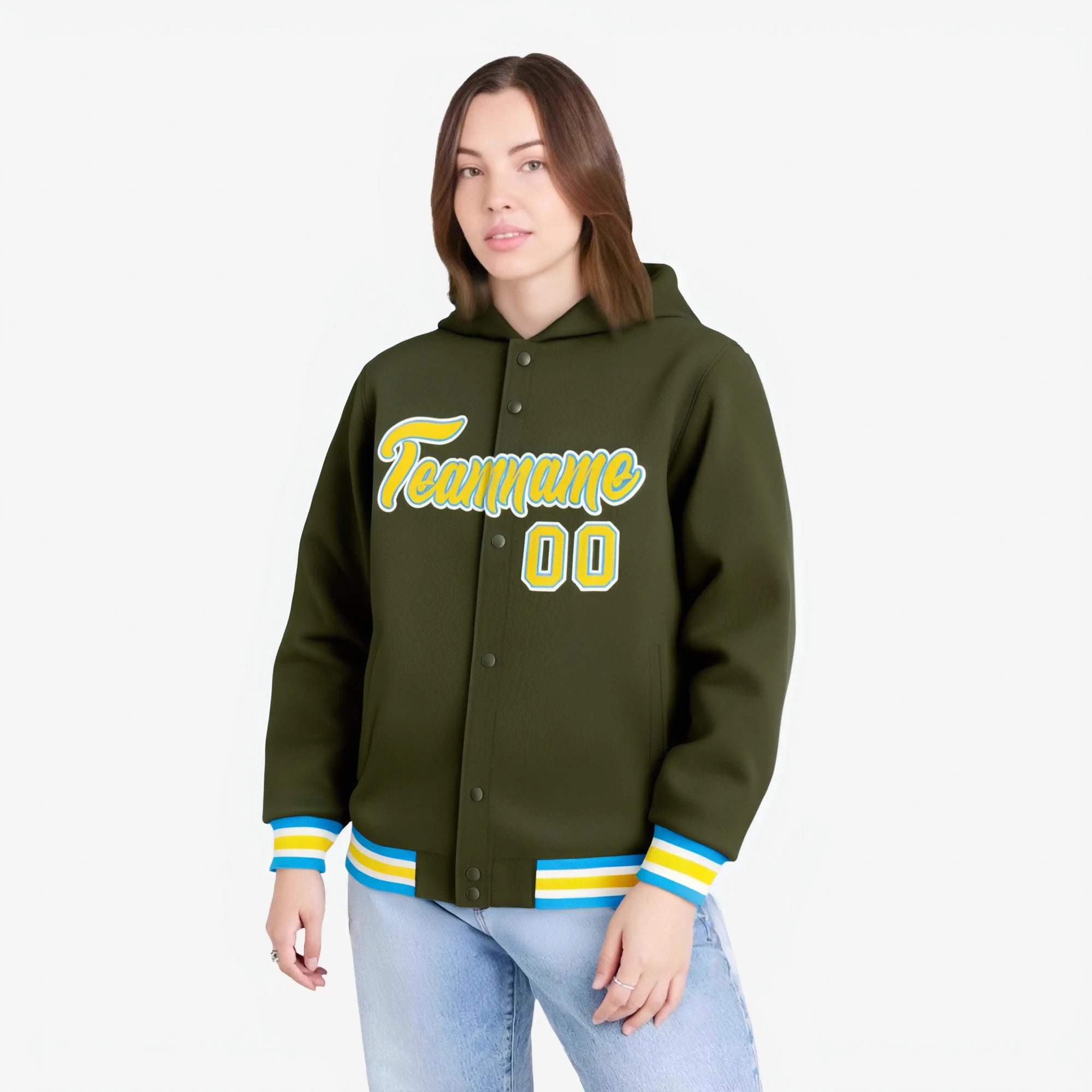 Custom Olive Gold-White Varsity Full-Snap Letterman Classic Hoodie Jacket